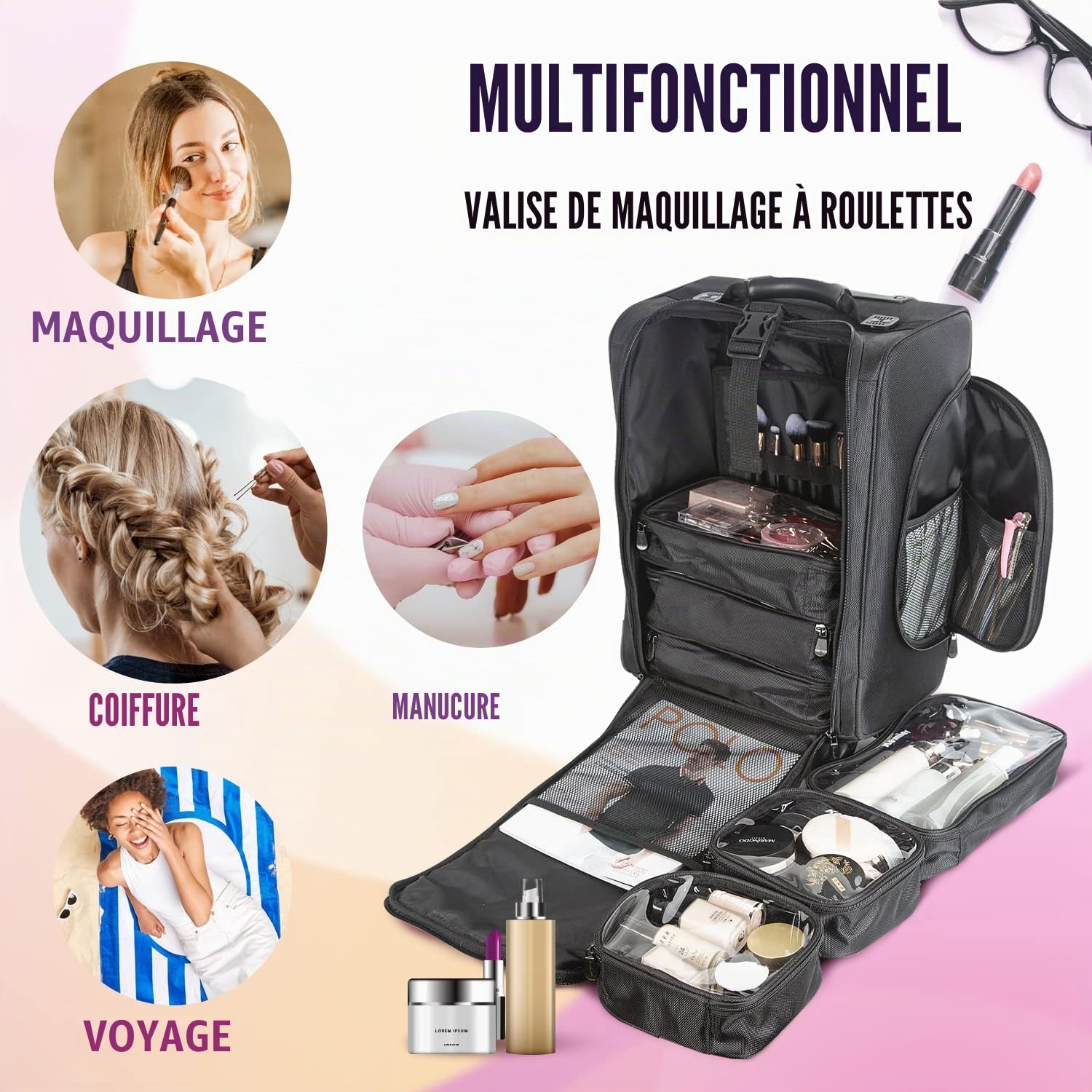 Mallette Maquillage en Nylon Souple à roulettes avec Pochettes, Organiseur Cosmétique Portatif de, Noir