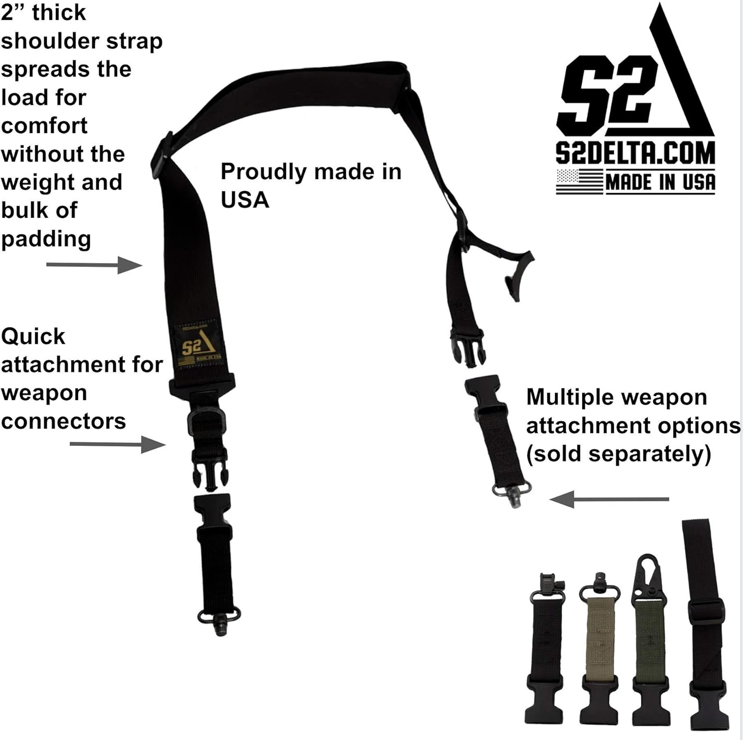 S2Delta - USA Made Premium 2 Point Rifle Sling, Fast Adjustment, Modular Attachment Connections, Comfortable 2” Wide Shoulder Strap