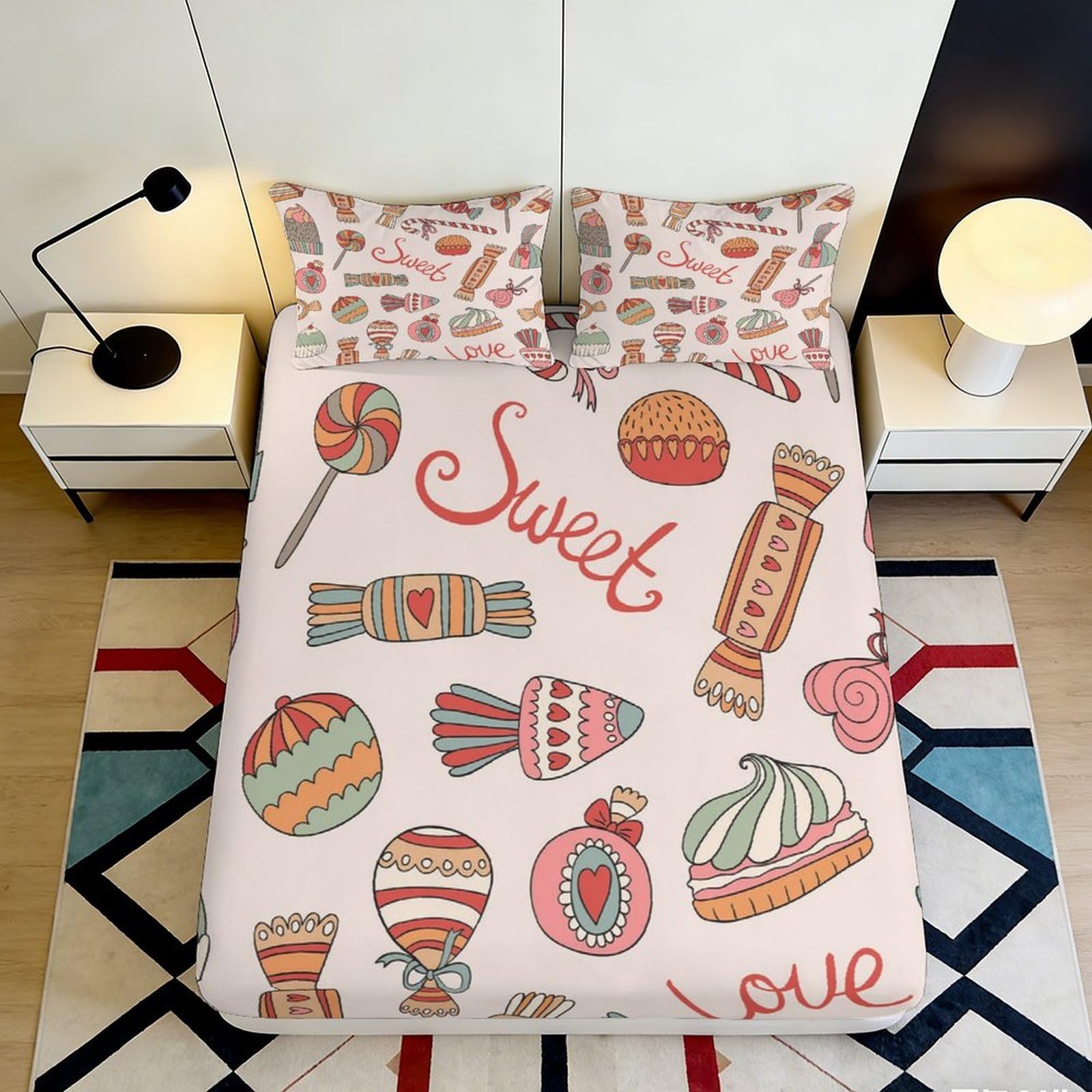 3D Printed Candy Sweet Love Fitted Sheet Microfiber Non-Slip Bed Cover for Bedroom Guest Room Dorm Machine Washable 140x200x25cm