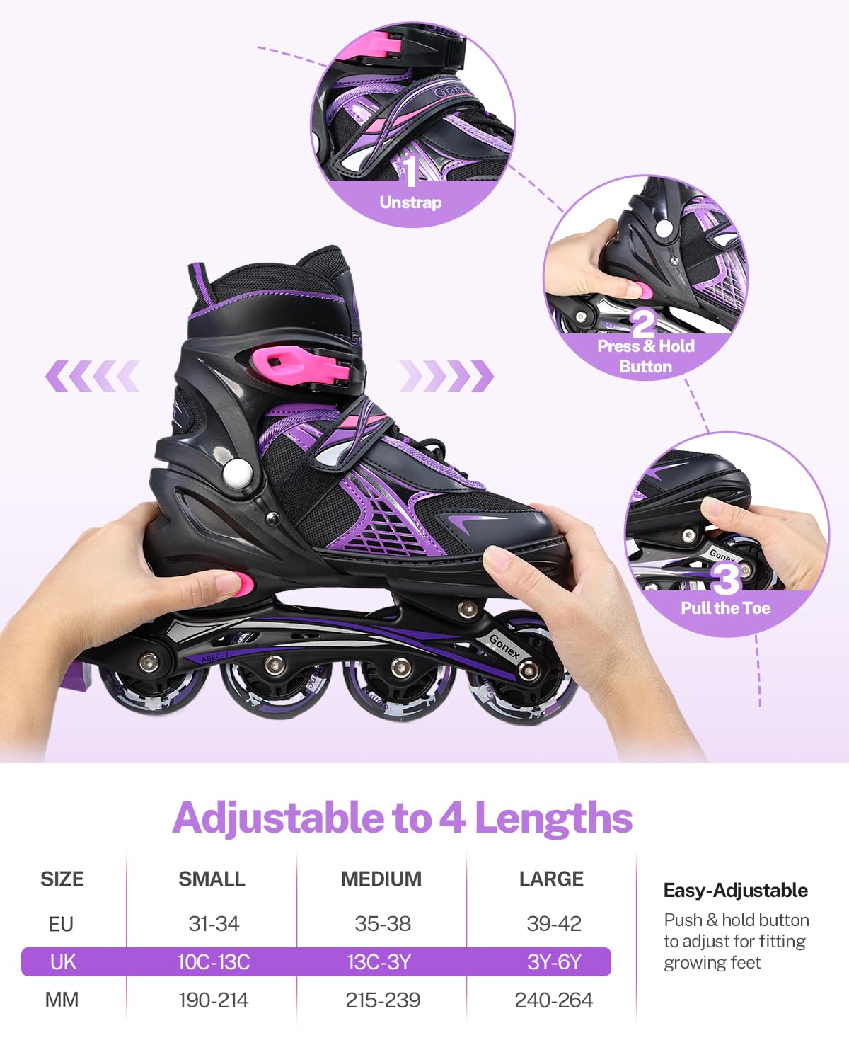 Gonex Rollers en Ligne Taille Réglable de 31 à 42 Roue Brillant pour Enfant Fille Garçon Femme et Homme Adolescent Débutant