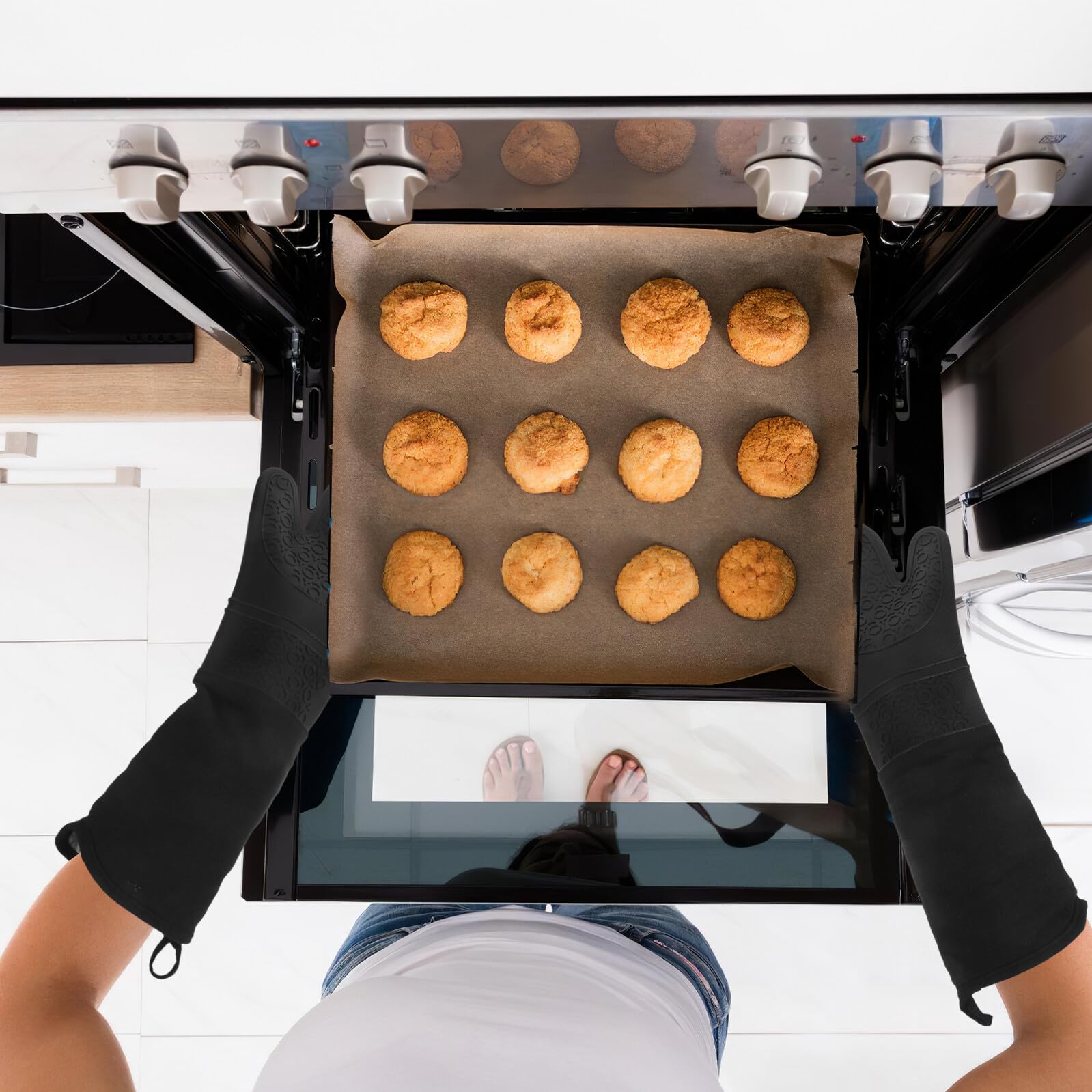 Hemobllo Guantes de Cocina de Silicona Resistentes al Calor Manoplas Largas Antideslizantes para Horno Protección Codo Guantes Impermeables para Hornear y Asar 1 Par 175g