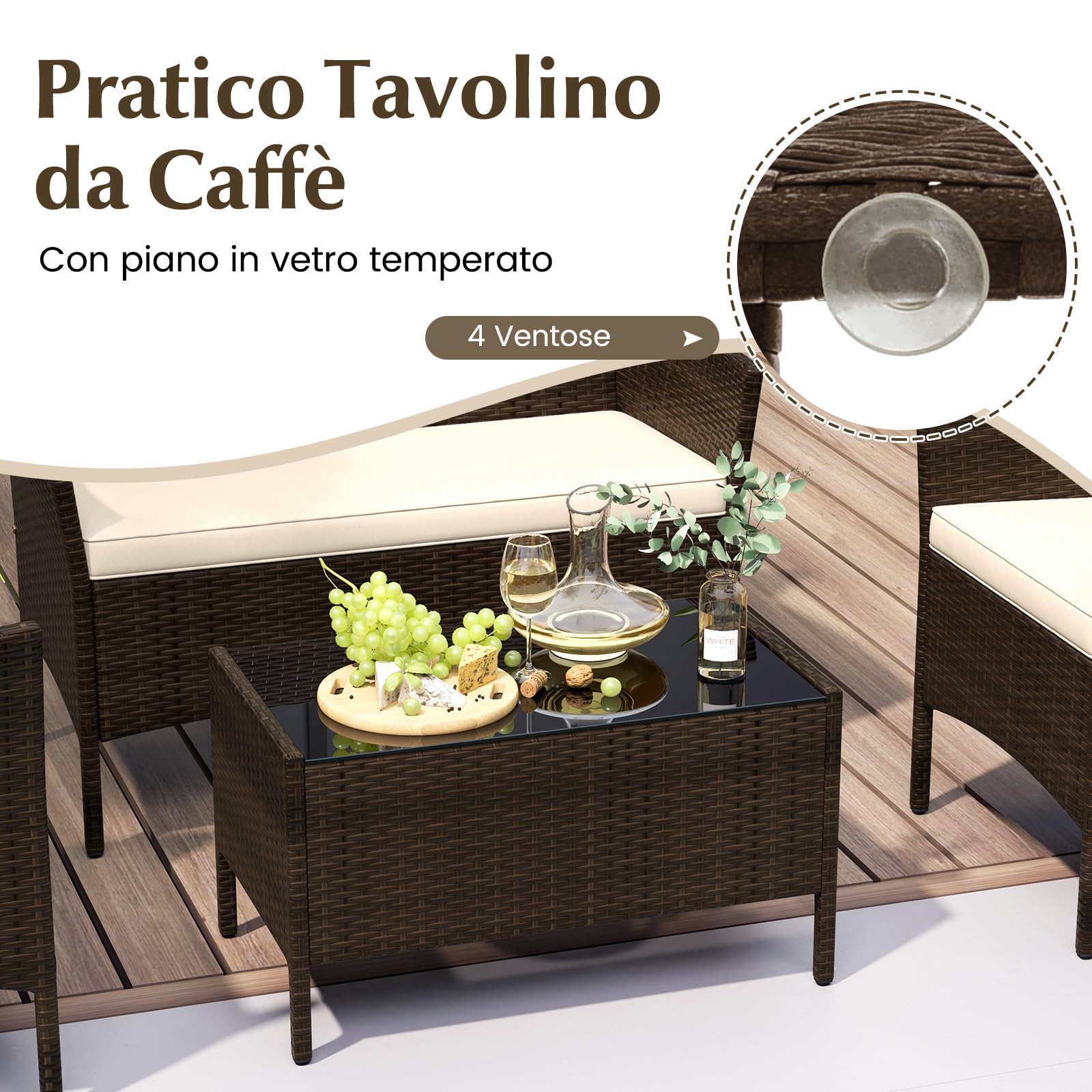 COSTWAY Set di Salotto da Giardino in Rattan 4 Pezzi, Set Mobili da Esterno in Vimini con Cuscini Morbidi, Divanetto e Poltrona con Tavolo in Vetro Temperato per Giardino e Veranda (Marrone)