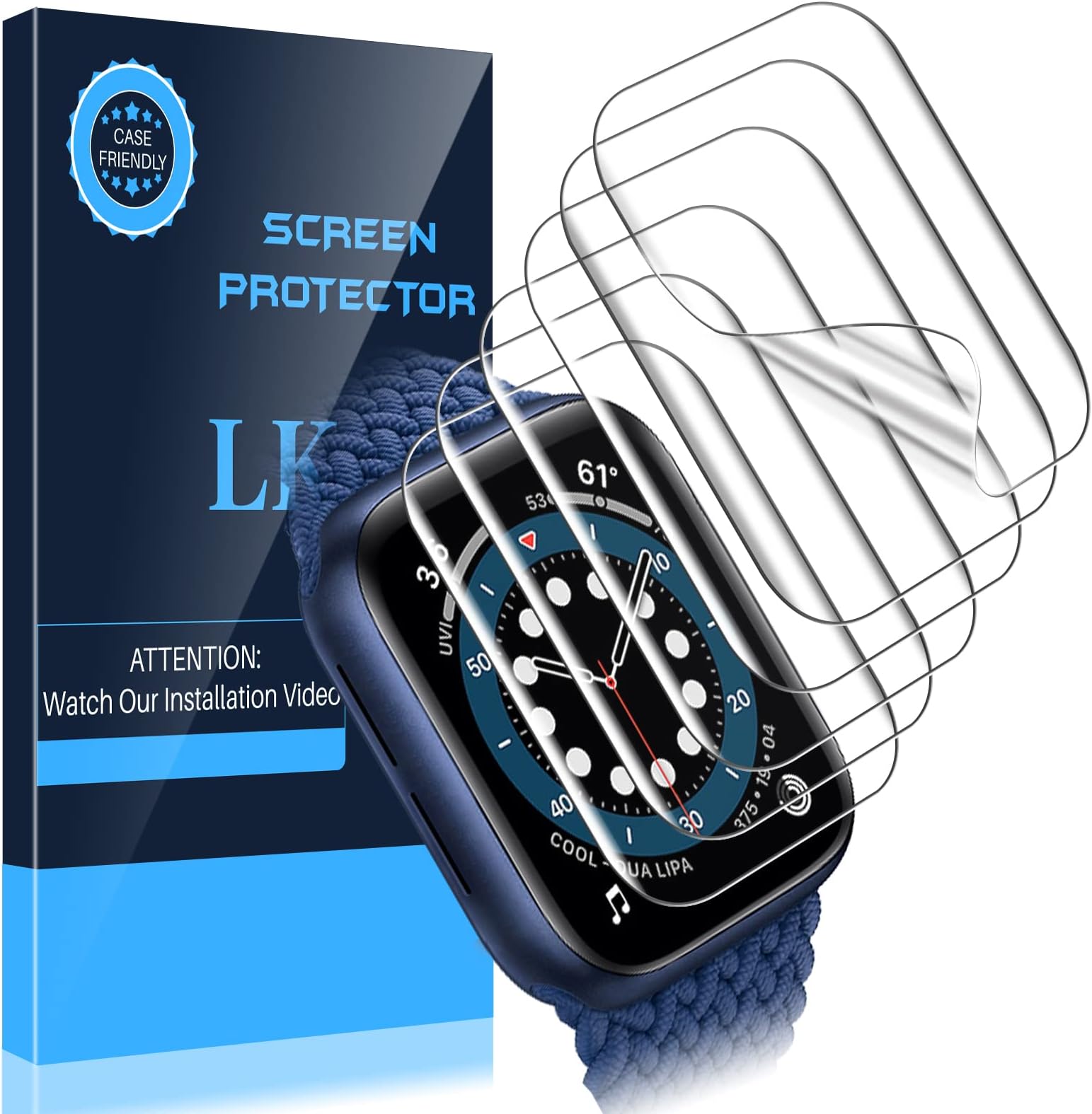 [6 Pack] LK Apple Watch Screen Protector, Compatible with Apple Watch Series 6/5/4 SE 44mm, Self-Healing TPU Film x 6, Super Thin, HD, Case-Friendly Design, Bubble-Free
