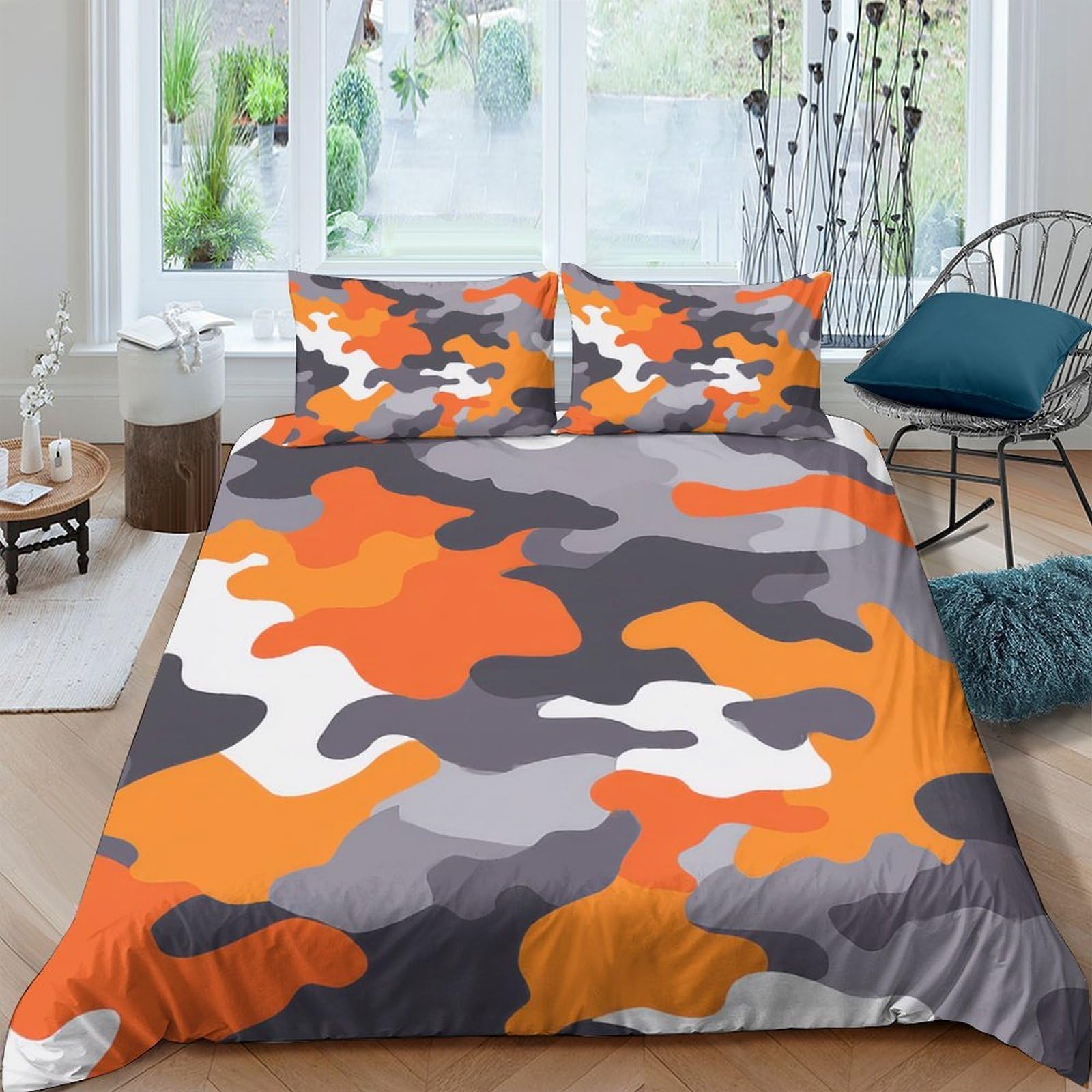 Ctjqhvkz Style-4 3D Printed Orange Grey Camouflage Fitted Sheet Microfiber Soft Breathable Camo Bed Cover For Bedroom Guest Room Decor Single（135X200cm）