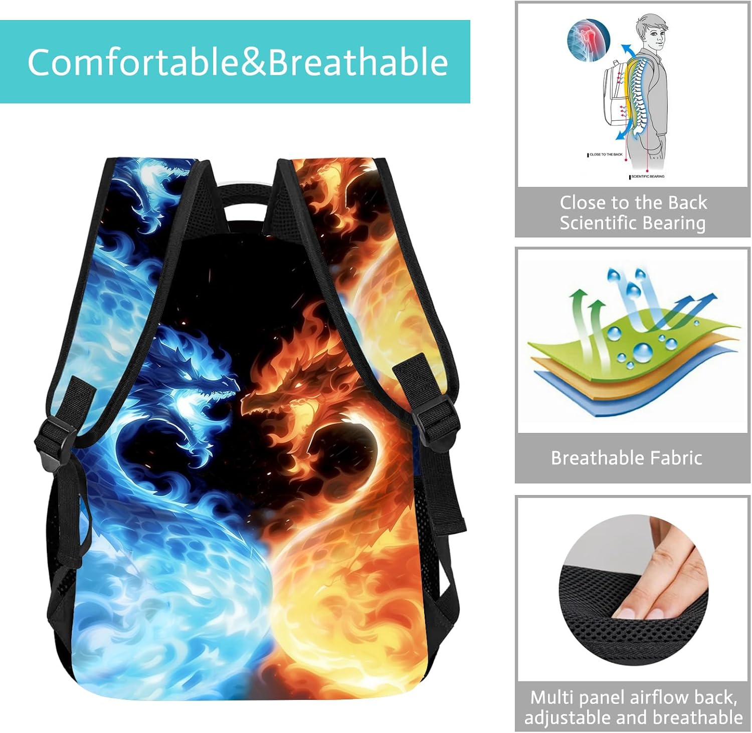 GNEW Cool Boys Backpack Fire Dragon Battle Backpack Dragon Backpack for Teens Kids Boys Girls, Monster Animal School Backpack, Elementary Middle High School Backpack,16.5 Inch, Blue Orange Black - Image 3