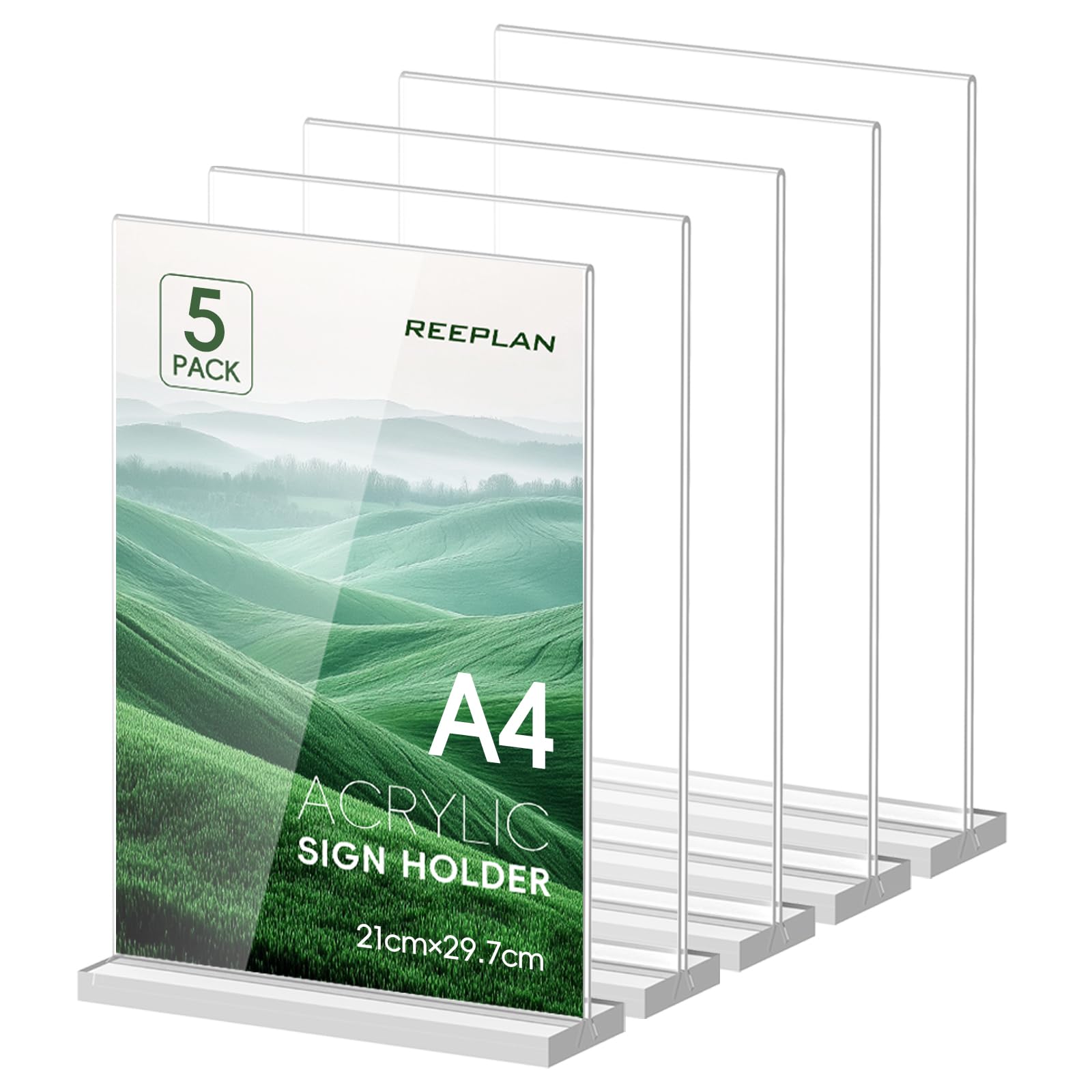ReePlan 5 Pack A4 Acrylic Sign Holder, T-Shaped Double-Side Perspex Display Stand, Clear Poster Holder and Menu Holder for Office, Shop, Restaurant, Hotel, School and Reception Desk