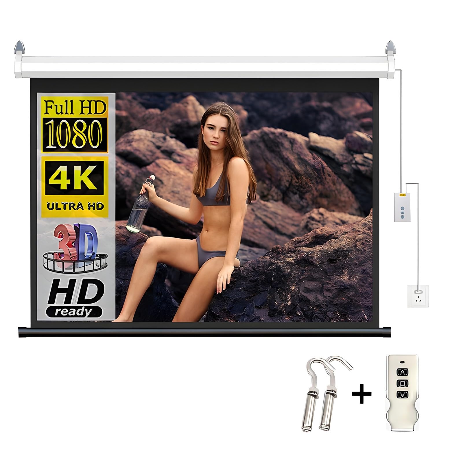Schermo per Proiettore Motorizzato con Telecomando, Proporzioni 16:9, 8K/4K Ultra HD Ready, Schermo Proiettore Montato a Parete/soffitto per Ufficio, Home Theater e Film(72 inch)