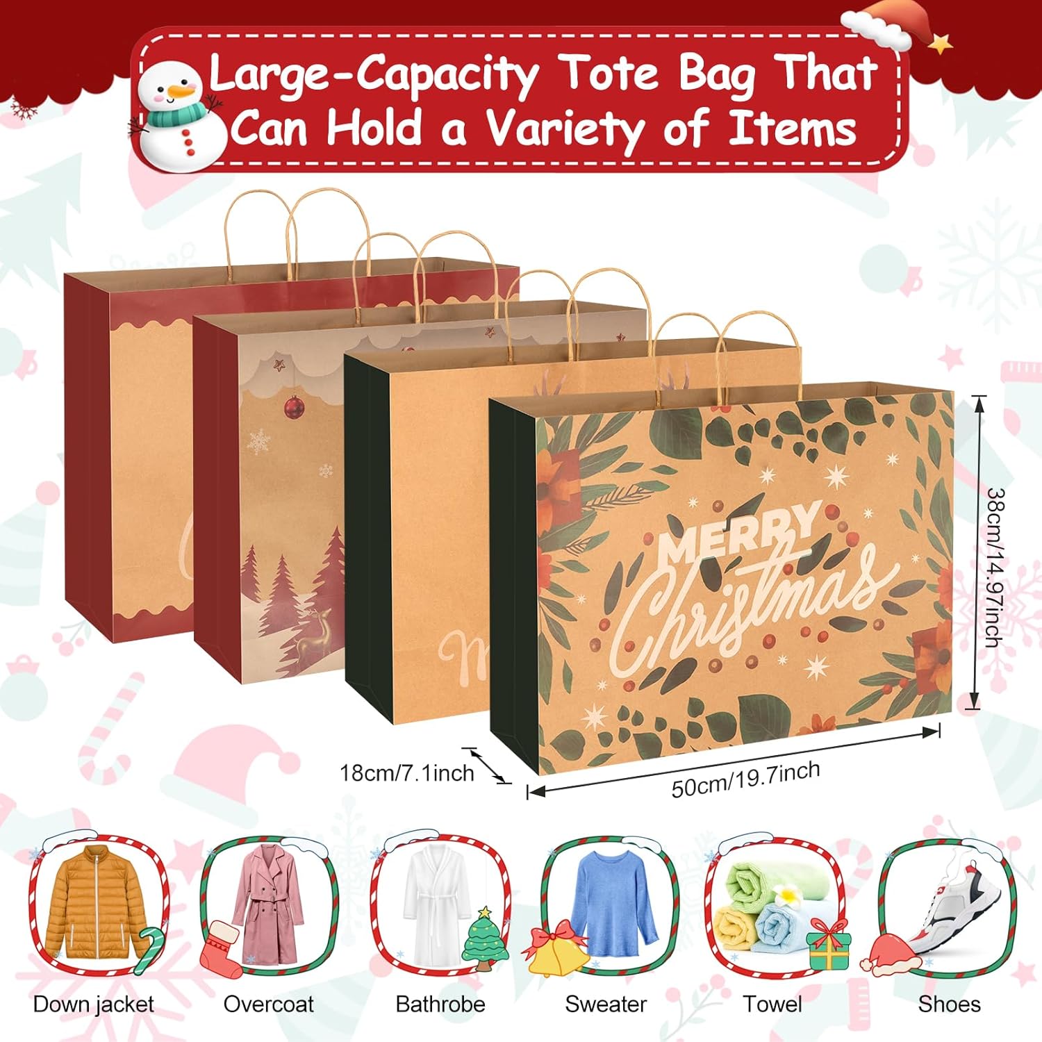 BLSFXROE 12PCS 20" Extra Large Kraft Christmas Gift Paper Bags Bulk with handles, 4 Designs Jumbo Oversized Sacks Set for Wrapping Gaint Xmas Holiday Presents Gift Wrap, Party Favor ( 20 x 15 x 7 inches)