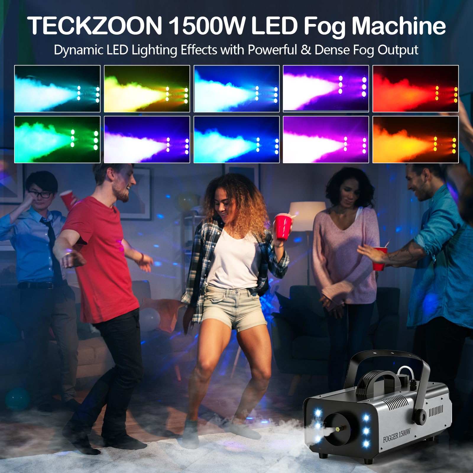 Macchina del fumo 1500W con 6 LED RGB e telecomando wireless, macchina nebbia con effetti luminosi per DJ, feste, Halloween, matrimonio, Natale e palco