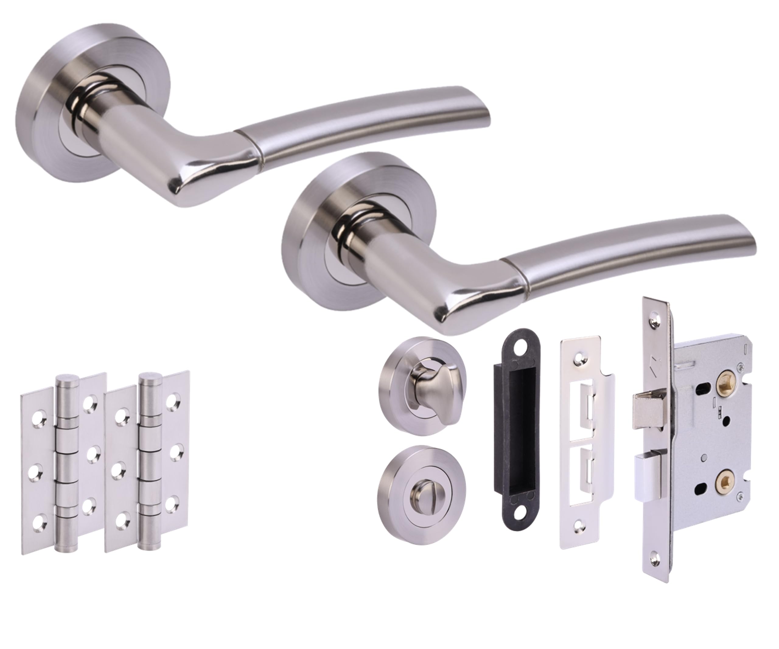 Hunta HANDLEZONE® Ursa Door Handles on Rose Bathroom Lock Pack with 75mm Ball Bearing Hinges and 76mm Lock - Dual Polished/Satin Nickel