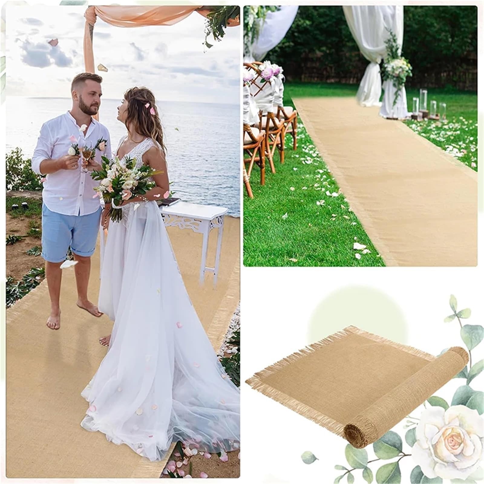 Tapis de Mariage Tapis d'allée de Mariage en Toile Jute Rustique avec Bordure frangée, Tapis Piste for décoration fête ou Douche Nuptiale(Tassel A,6m,30.0cm)