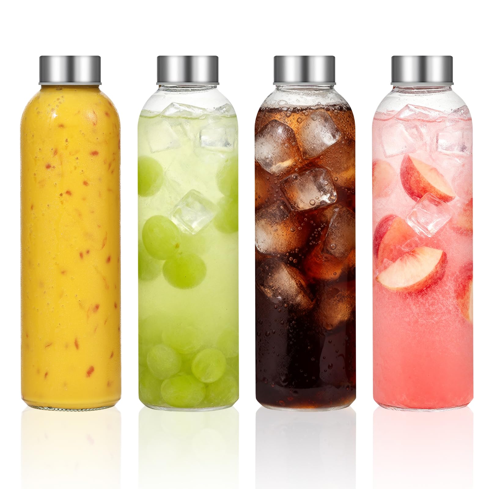 Bayseun 500Ml - 4Pcs 4 Pack Glass Juice Bottles With Lids 500Ml, Reusable Clear Glass Water Bottles With Stainless Steel Airtight Cap Leak Proof For Refrigerator Homemade Beverage, Hot Cold Drinks, Milk, Smoothies