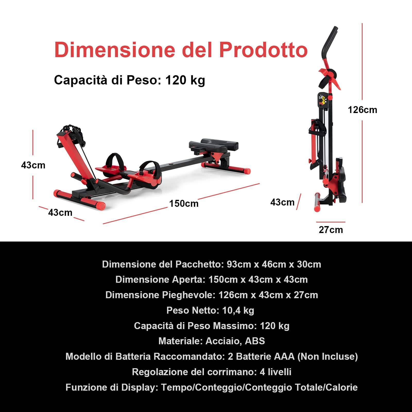 Vogatore COSTWAY Con Schermo LCD E Resistenza Regolabile | Allenamento Completo Casa, Portatile E Silenzioso - Foto 4