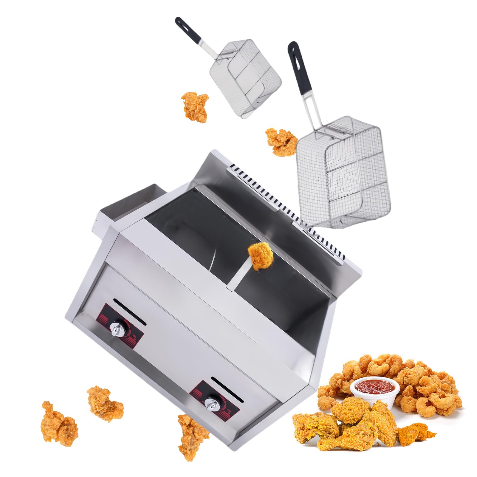 Freidora A Gas De Acero Inoxidable De Gran Capacidad De 10 L X 2 para Uso Doméstico Y Comercial, Potencia De Fuego Ajustable, Incluye Canasta Y Tapa, Ideal para Papas Fritas Etc.