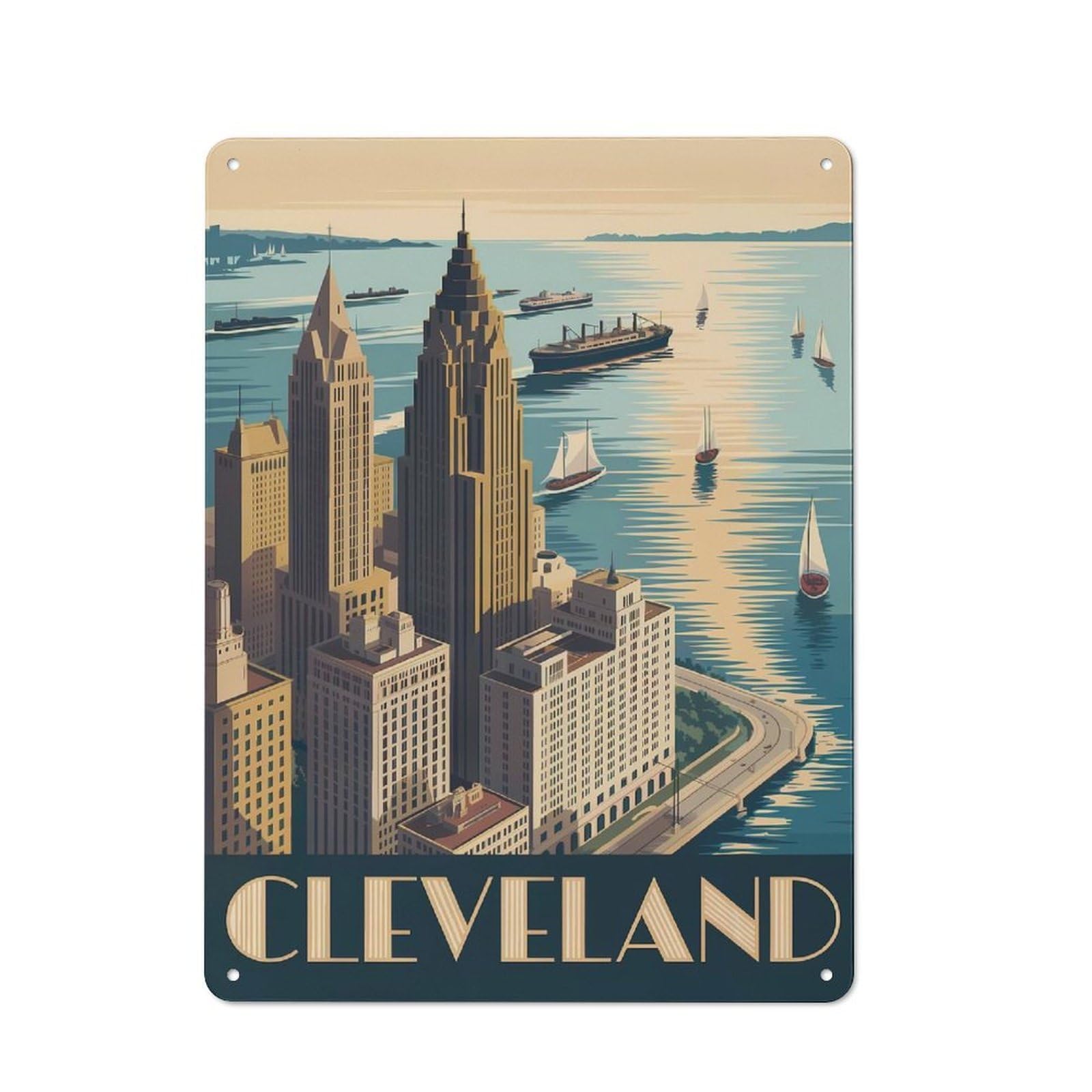 Junmoney Style-23 Rustic Metal Sign 40X30cm Featuring Cleveland Cityscape Art Deco Style For Hallway Wall, A Decorative Gift For A Newly Furnished Hallway