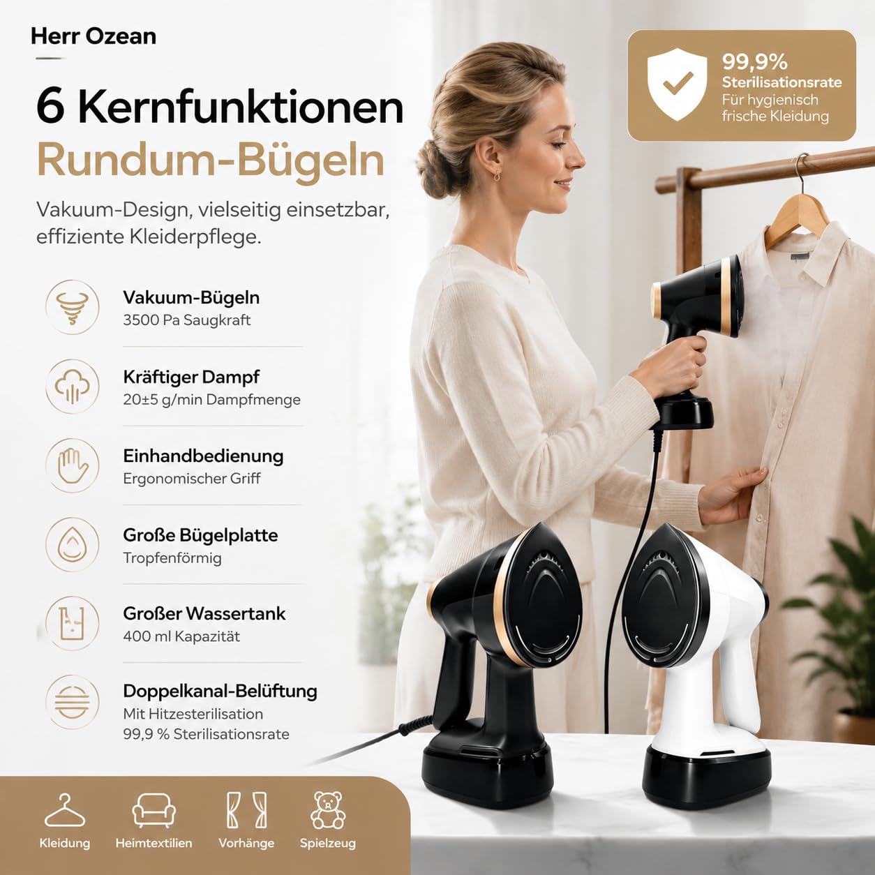 1500w Tragbarer Wassertank Steamer Dampfglätter400ml, 15s Schnellaufheizung Handdampfer, 2500–3600Pa, 4 Modi Für Kleidung Vertikales Und Horizontales Dämpfen Zuhause/Reise. (Weiß)