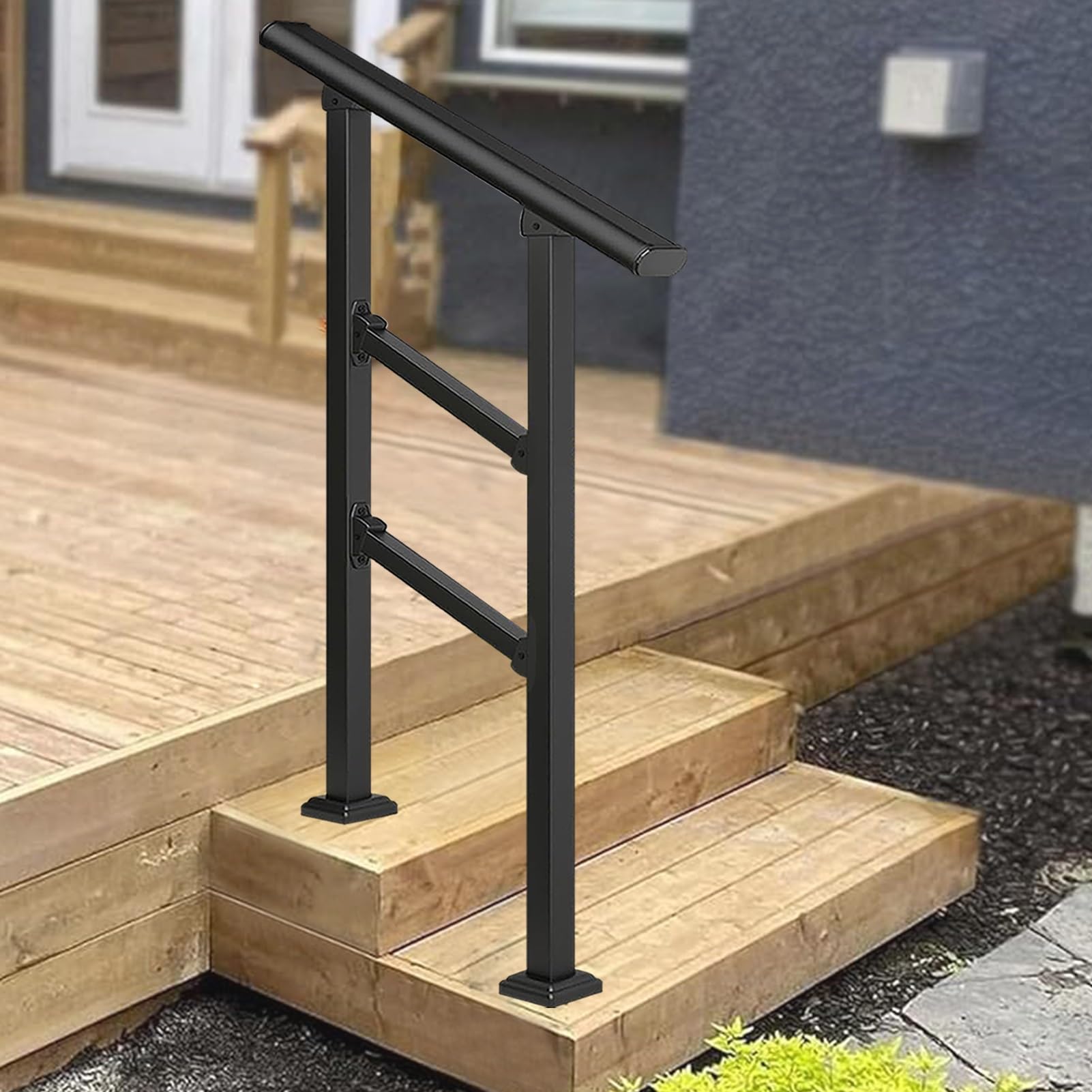 Jksyff A Handrails For Outdoor Steps, Djustable Front Porch Hand Rail, Galvanized Steel Garden Transitional Handrail With Double Post For Cement Concrete Steps(,120Cm/47Inch)