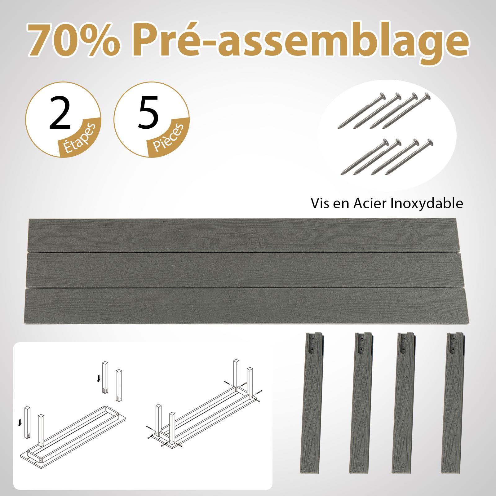 COSTWAY Banc Exterieur Jardin pour 2-3 Personnes, Banc de Jardin en HDPE, Surface en Grain de Bois, Barres en Métal, Banquette pour Porche Piscine Cour, Charge 340 kg, 140 × 35 × 45 cm (Gris)