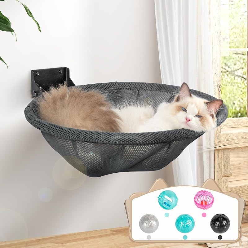 Rede para Gatos JUNSPOW de Parede, Dobrável com Estrutura Metálica e Tela Respirável, Cinza – 41,91 x 41,91 x 6,5 cm