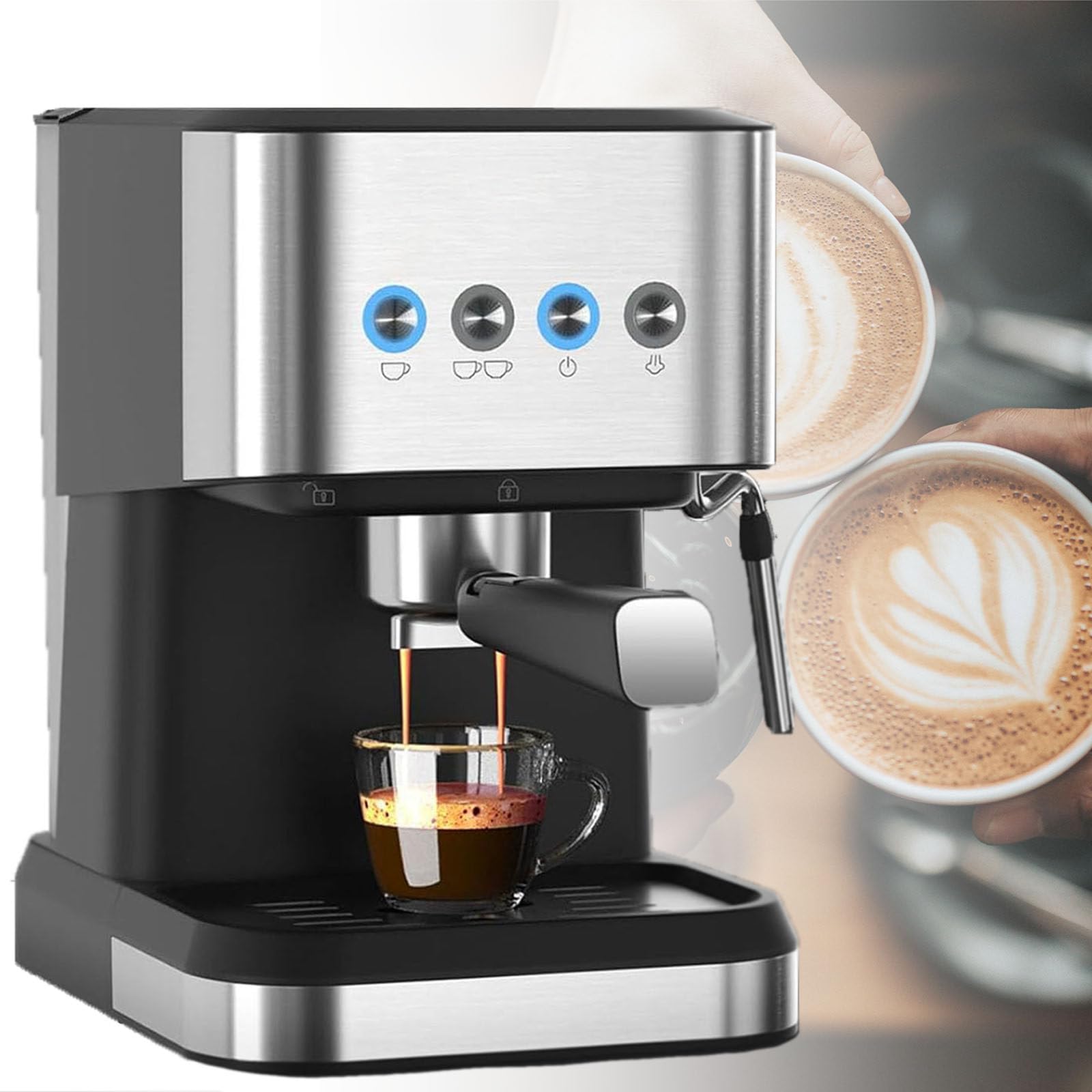 Macchina per caffè espresso, in acciaio inox, con montalatte e cappuccino, serbatoio dell'acqua da 1,5 litri, pressione 20 bar, per uso domestico
