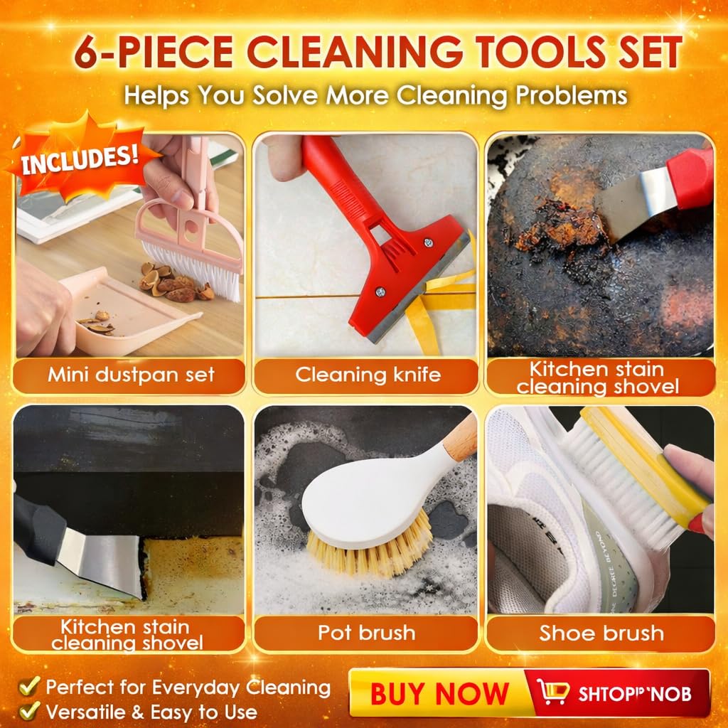 Broom and Dustpan Set with Long Handle, Upright Standing Self-Cleaning Combo, Windproof Dustpan with 6 Bonus Cleaning Tools for Pet Hair, Home, Kitchen, Garage & Apartment 1