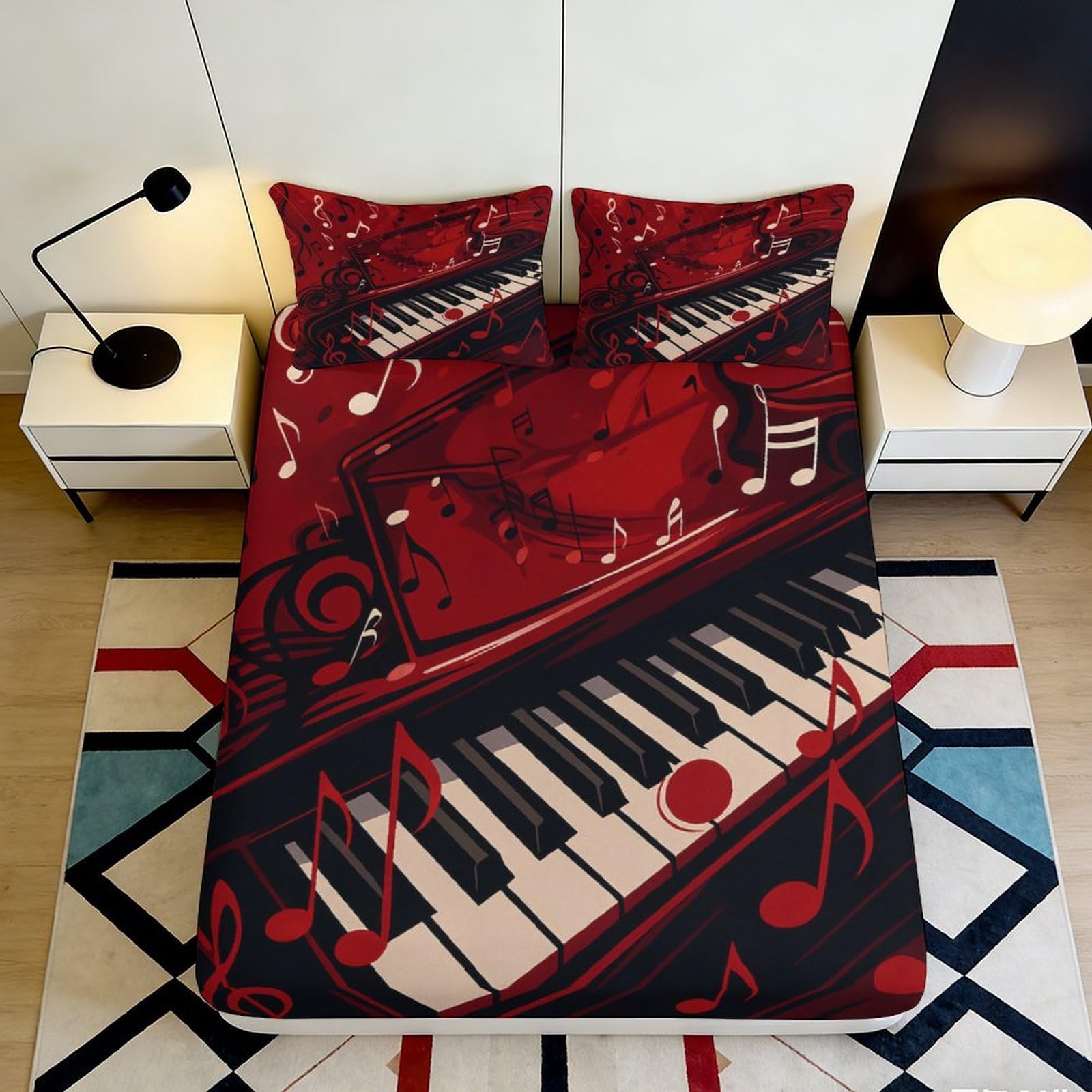 3D Printed Piano Keyboard Fitted Sheet Microfiber Red Music Notes Bed Cover for Bedroom Dorm Mattress Decor 90x200x25cm
