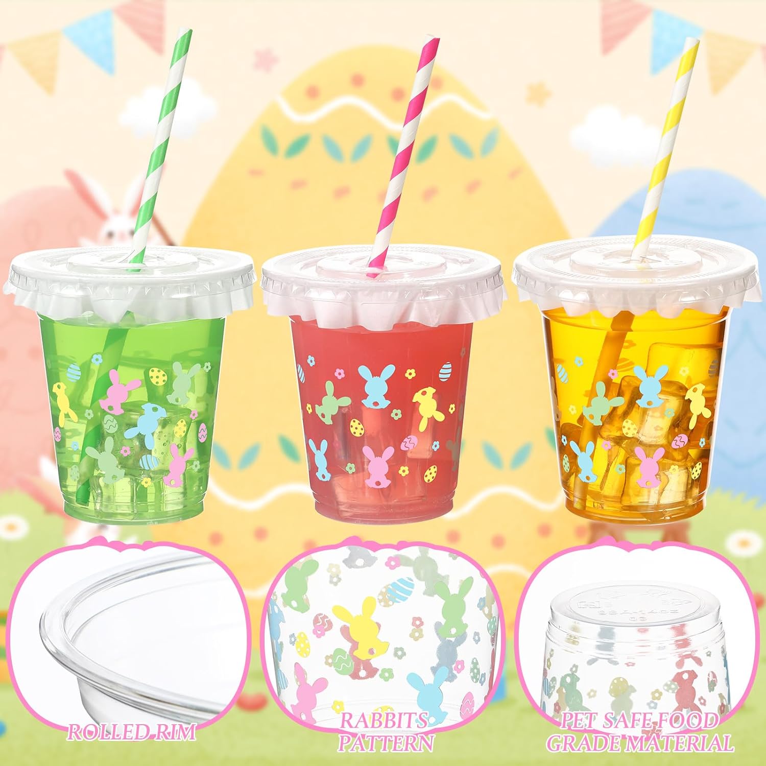 Qinyoung 60 Pack 14 oz Easter Cups with Lids Straws and Liners Bunny Plastic Disposable Rabbit Eggs Cups Bulk Easter Eggs Party Cups for Spring Easter Party Supplies Beverage Cold Drinking - Image 2