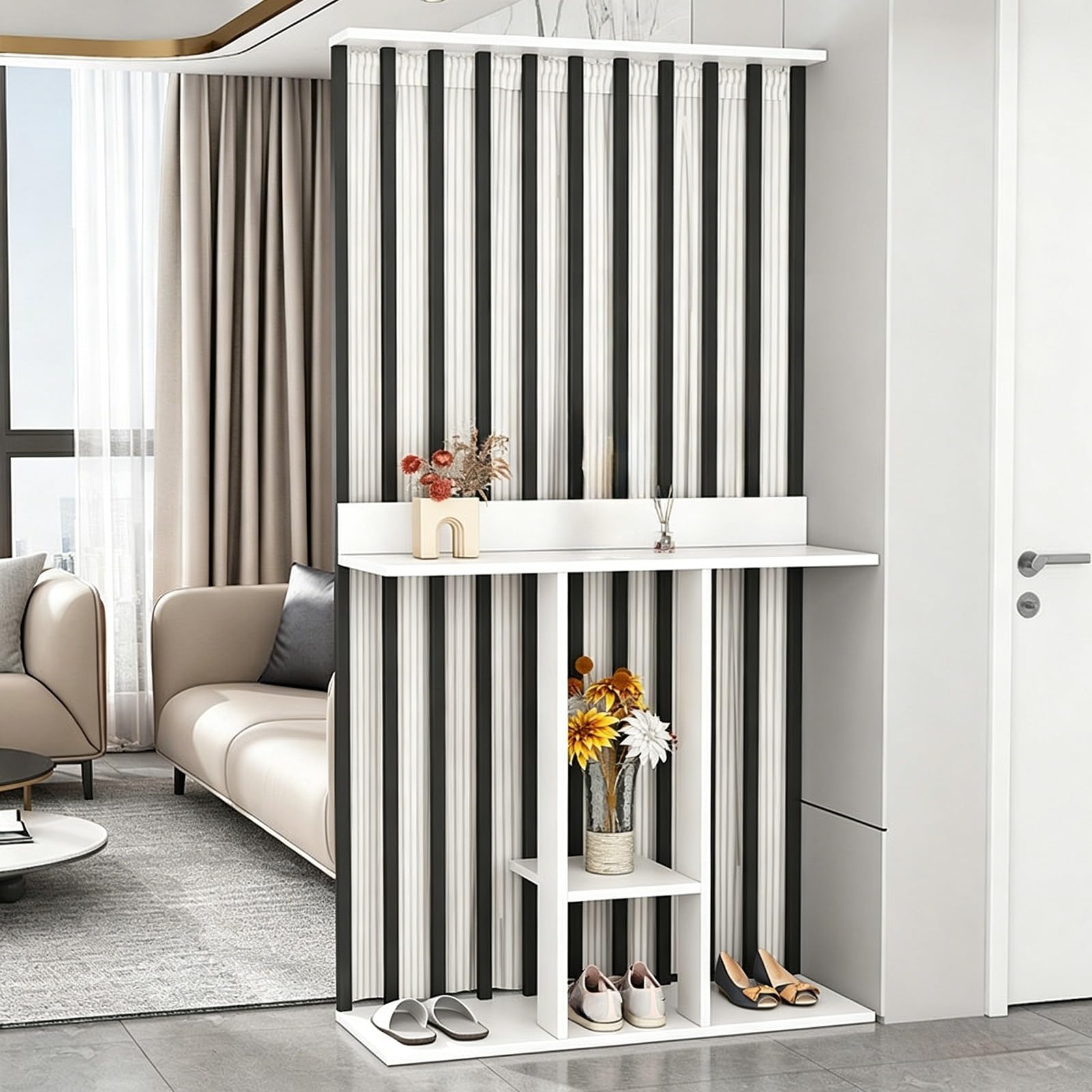 Wall Room Divider, Freestanding Slatted Partition with Shelves, Modern Slim Privacy Screen for Entryway, Living Room and Hallway(Black+White (Curtain),100cm)