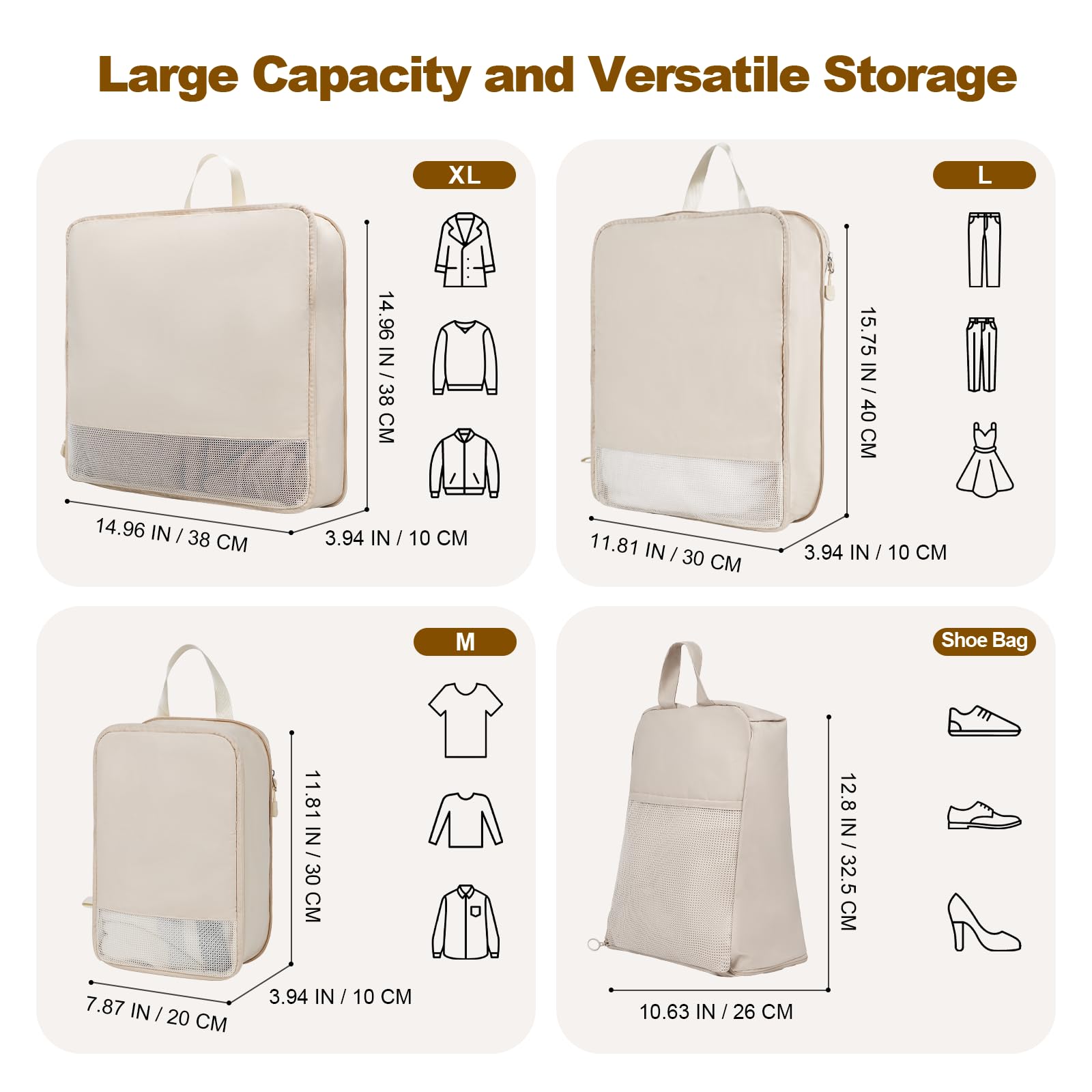 Kompressions-Verpackungswürfel für Koffer, Rucksack, erweiterbare Reisewürfel zum Verpacken mit Schuhtasche, wasserdicht, reißfest, Koffer-Organizer-Taschen für Handgepäck, Beige, 4er-Set