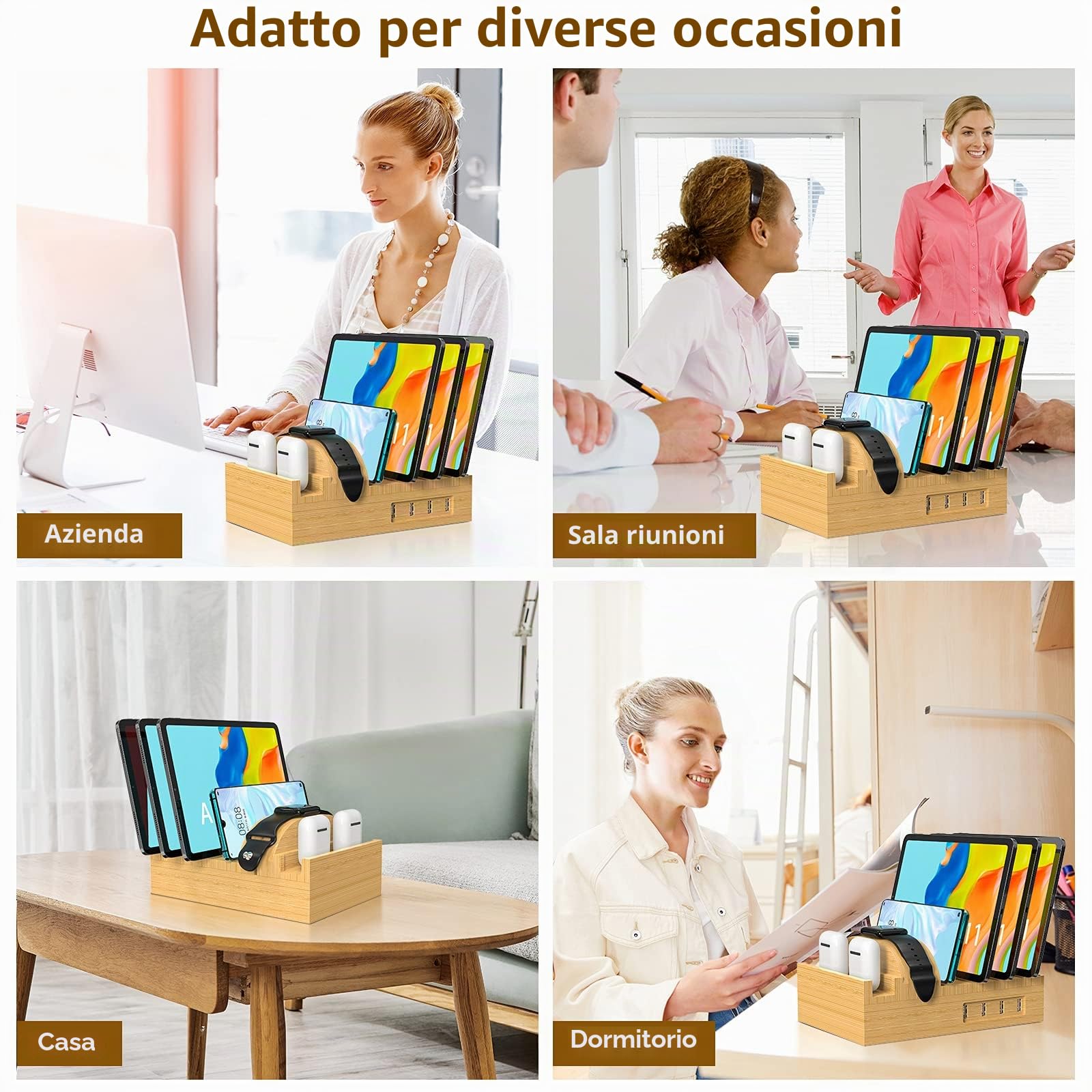 Stazione di ricarica per più dispositivi, stazione di ricarica per cellulare da 50 W, caricatore USB, organizer rapido, compatibile con il supporto di ricarica wireless per cellulare