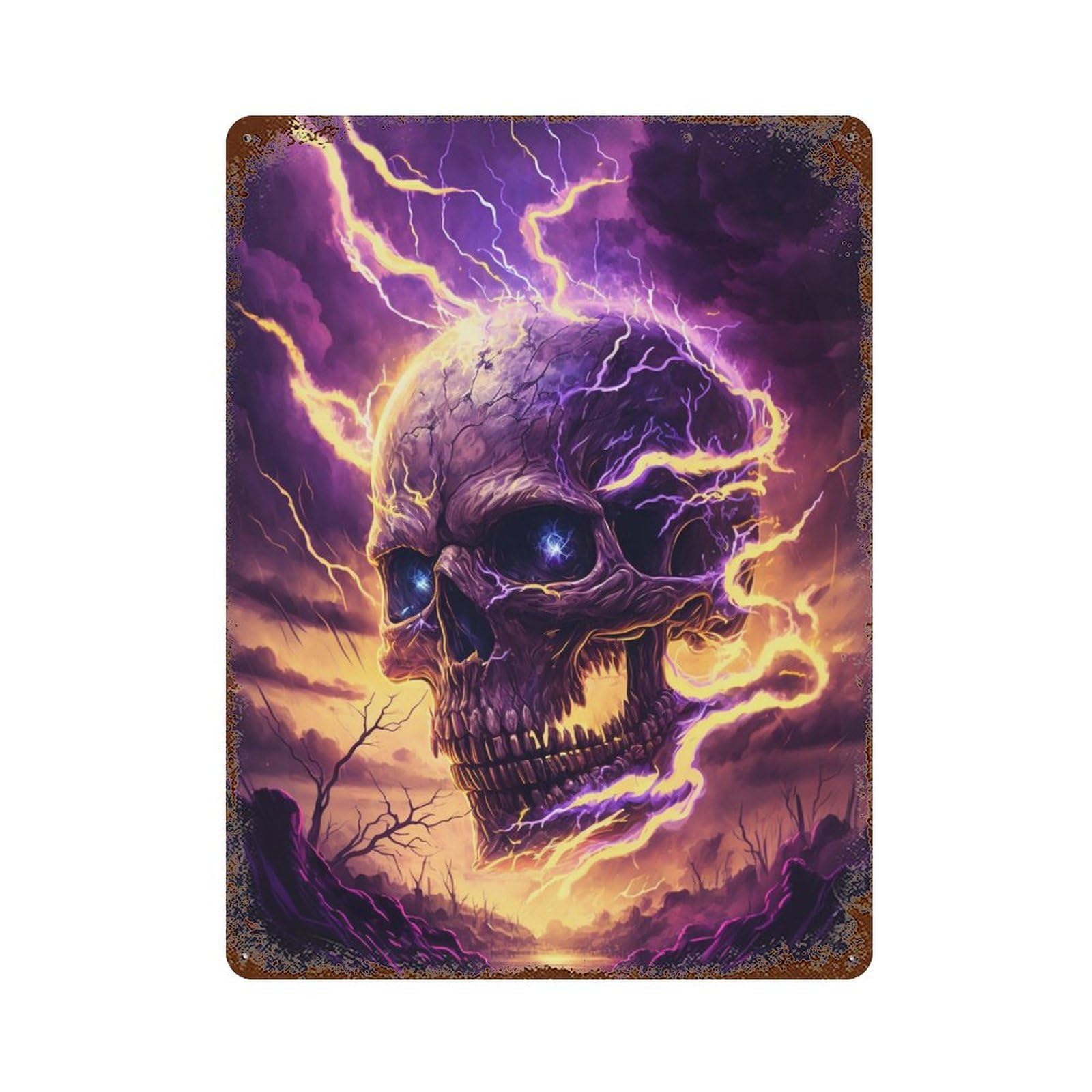Rusty Metal Tin Sign Electric Storm Skull Artwork -1 15.7"x11.8", Rustic Home Decor for Shed, Workshop And Garage Wall Decor