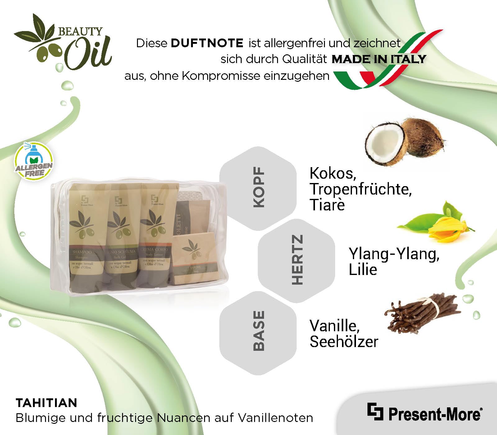 Present-More Amenities Kit Beauty Oil - Welcome Gift Toilettenartikel 24 Gäste für Hotels und B&B | Allergenfreie Amenities Kit mit Duftnote Tahitian | Tahitian Parfum – Shampoo, Duschgel, Creme, Seife und Zubehör – Made in Italy – für Hotels und B & B