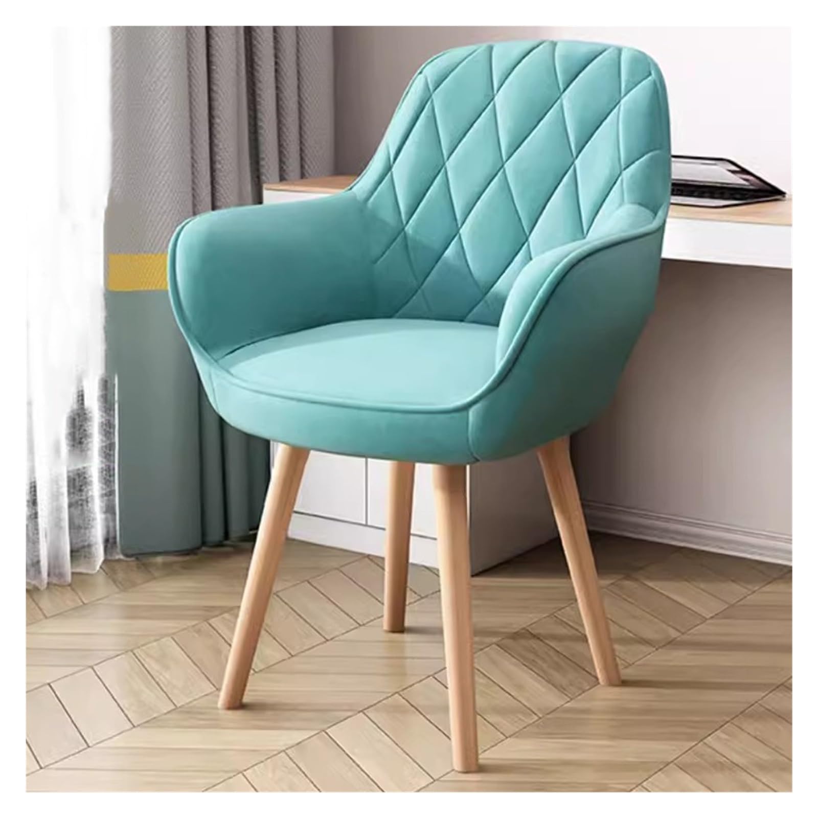 Poltrona girevole, sedia imbottita per sala da pranzo e ufficio, senza ruote, gambe in legno, elegante sedia per il trucco in tessuto blu per piccoli spazi