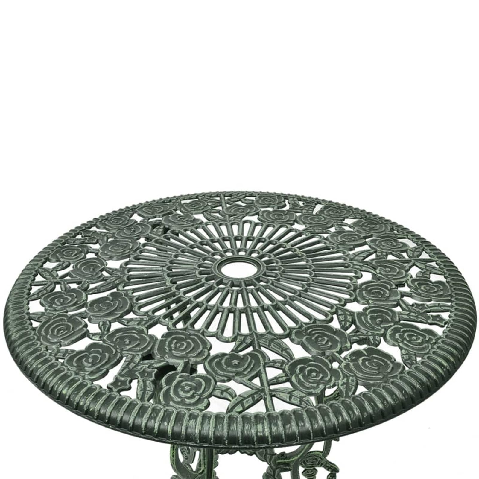 Set da Bistrot in Alluminio Pressofuso Verde 3 Pezzi, Design Elegante con Dettagli Floreali per Giardino, Patio o Serra, Mobili da Esterno Resistenti e Comodi, Tavolo e Sedie per Aperitivi o Cene all'