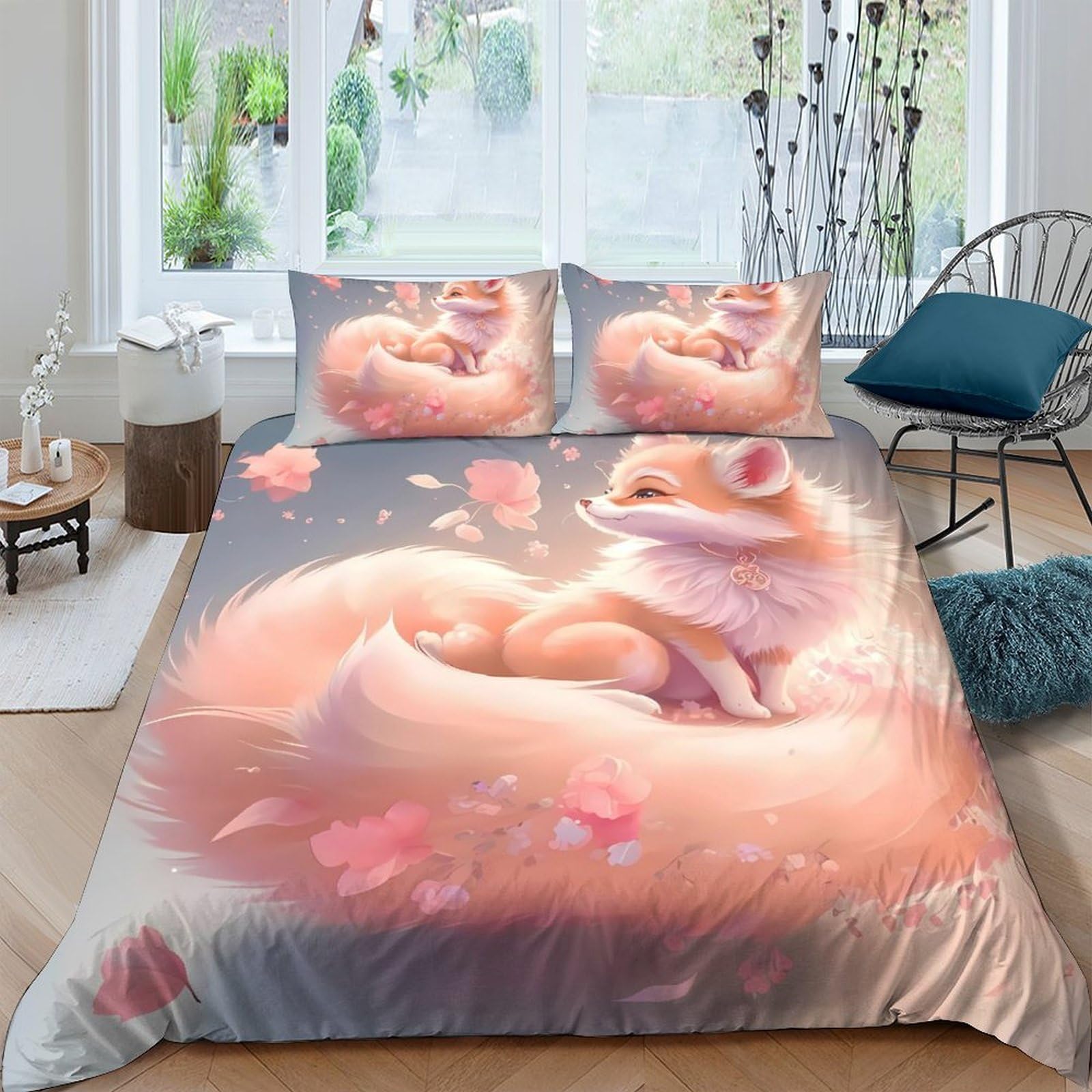 GPLZQXKJNH 3D Printed Cute Fox Duvet Cover Set Microfiber Soft Breathable Peach Pink Animal Bedding with 2 Pillowcases for Bedroom Single（135x200cm）