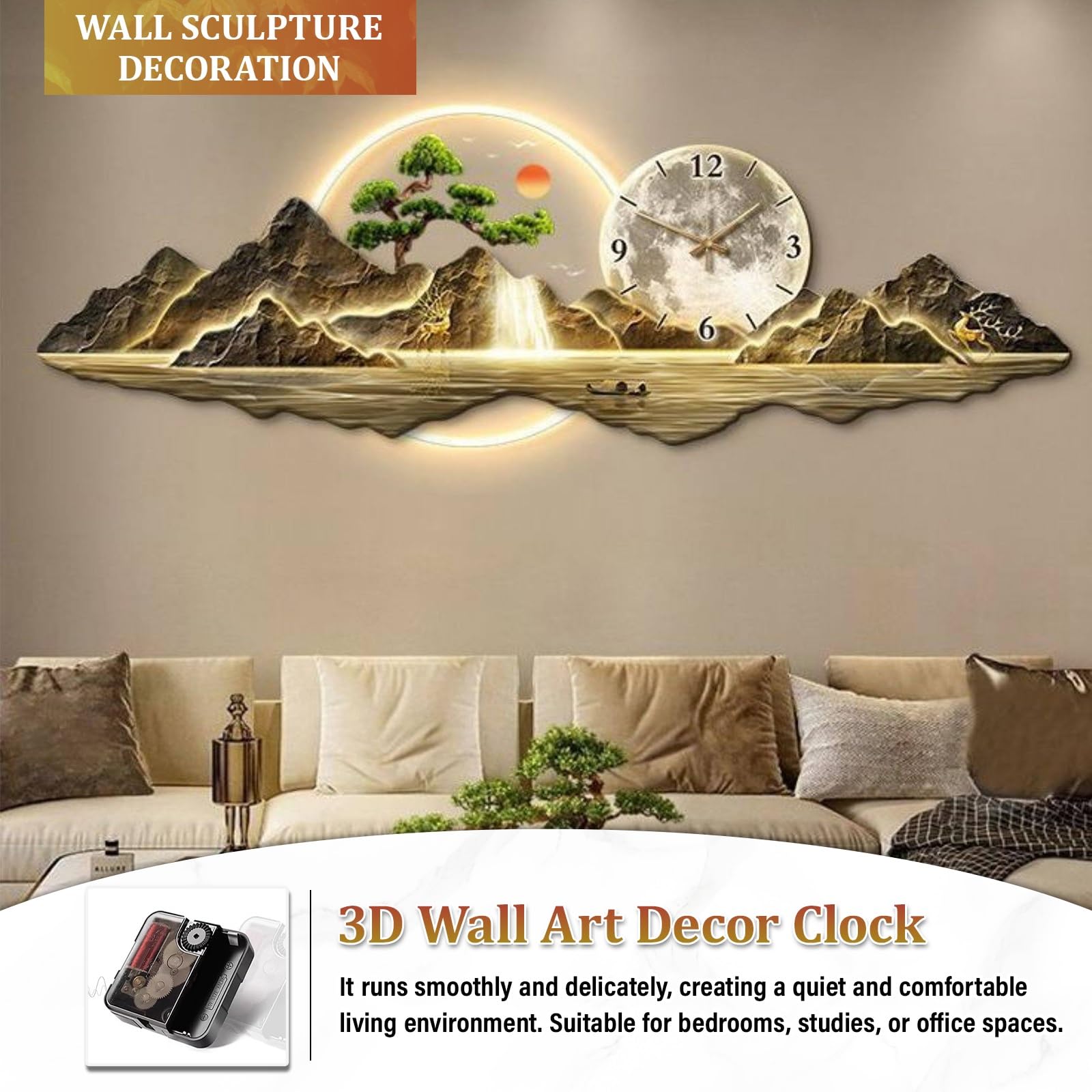 Orologio decorativo da parete 3D con luce LED, orologio da parete silenzioso moderno, grande scultura da appendere, alimentatore plug-in, per soggiorno, camera da letto, corridoio ingresso