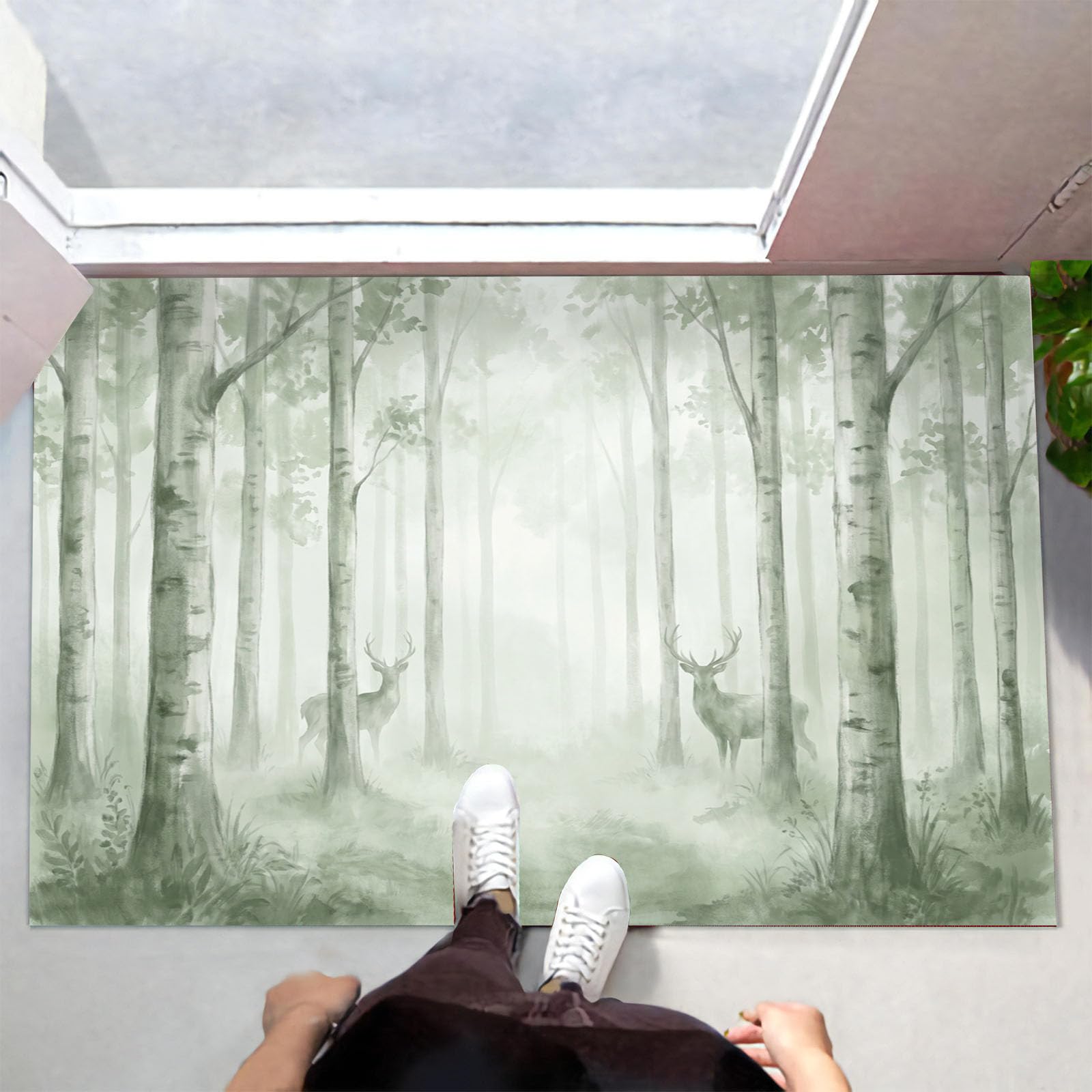 Paillasson cerf de la forêt brumeuse vert 45x75cm tapis antidérapant