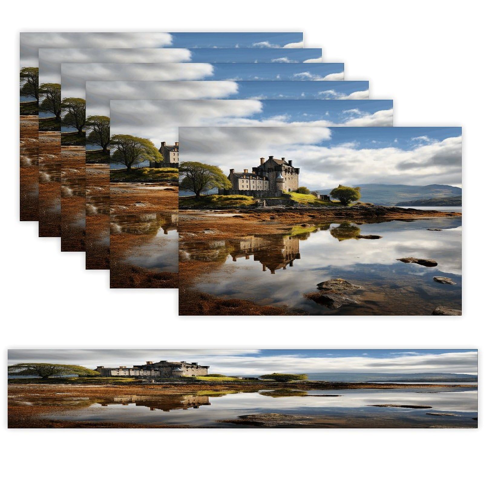 Scotland Castle Water Lake Scottish Table Runner and Placemats of 6 Washable Heat Resistant Place Mats with Table Runner Vintage Holiday Table Mat Set for Holiday Party Kitchen Dining Deco