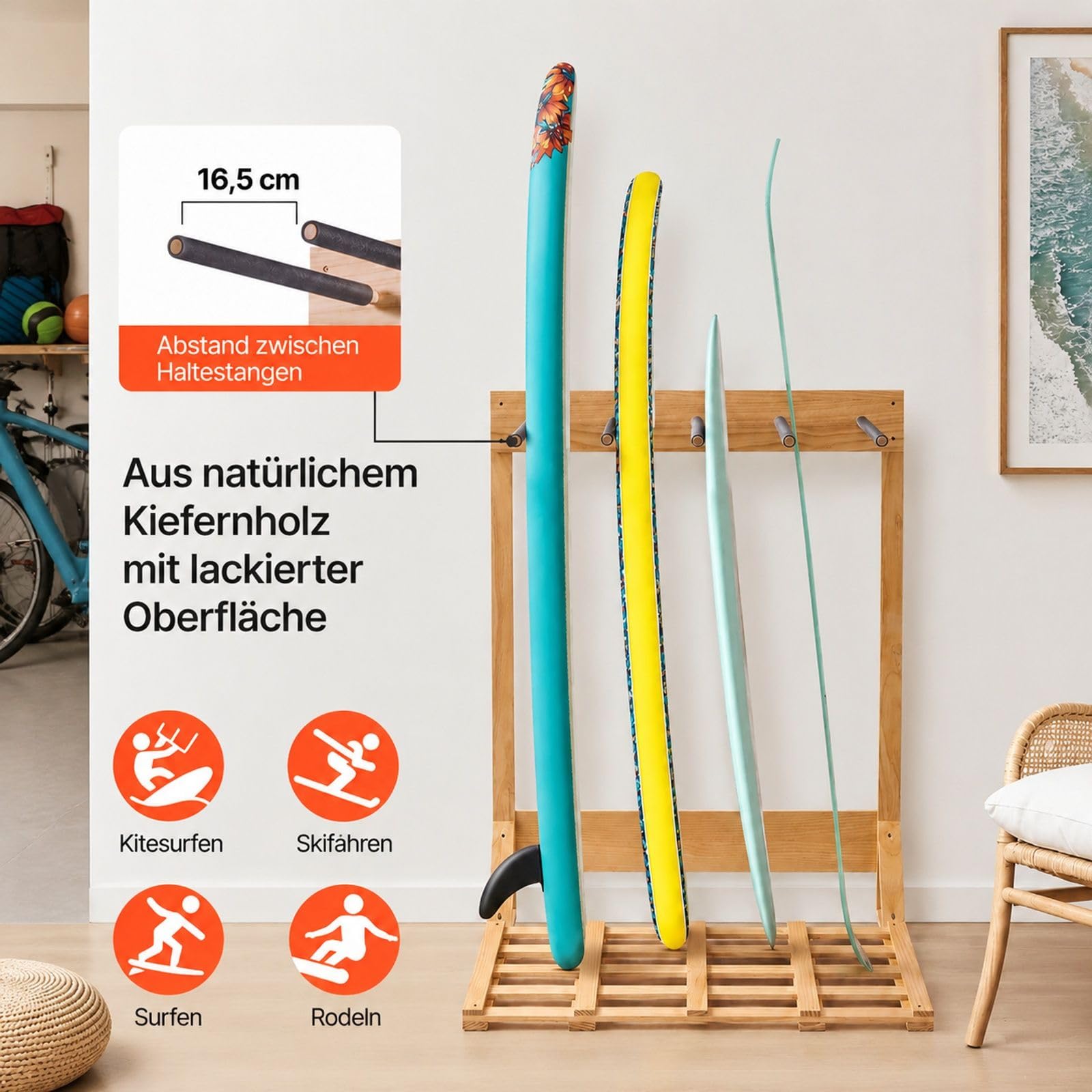 Vertikaler Surfbrettständer aus Holz, freistehendes 4-stufiges Boardregal zur Aufbewahrung und Präsentation für Snowboards, Wakeboards, Kitesurfs, Shortboards und Skier