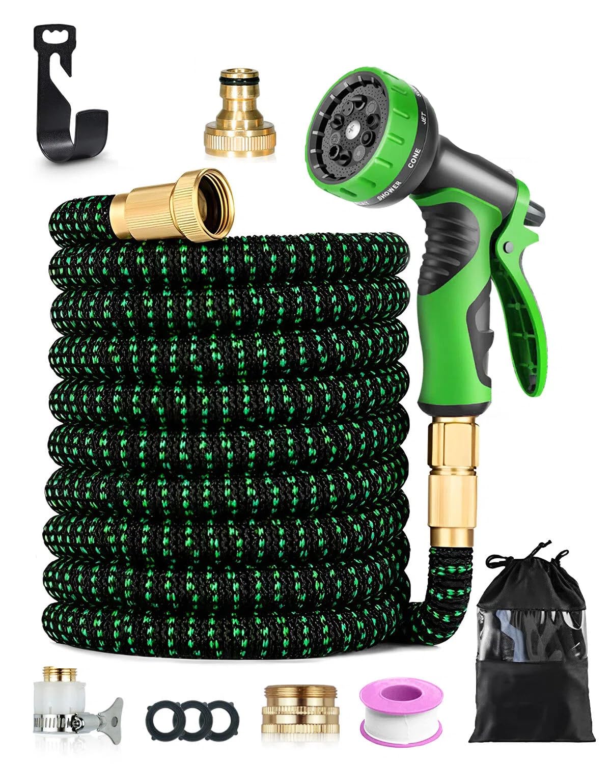 Tuyau Arrosage Extensible 100FT avec Pistolet 10 Fonctions, Raccords 1/2'' & 3/4'', Embout Plaqué Cuivre, Crochet et Sac, Tuyau d'Arrosage Anti-Fuite et Anti-Torsion pour Jardin