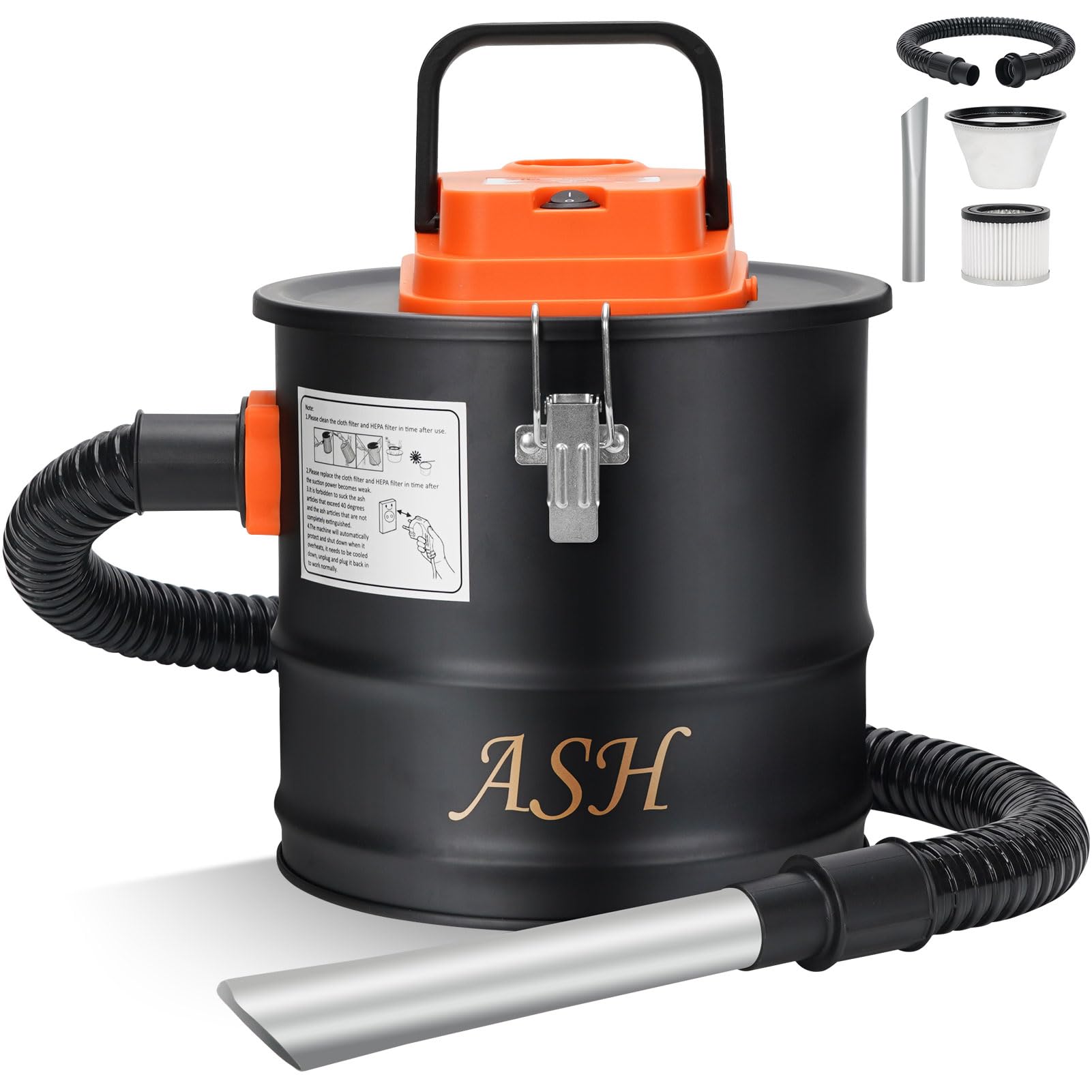 Ash Vacuum Cleaner, 800W Fireplace Ash Vac, 2.6 Gallon Orange