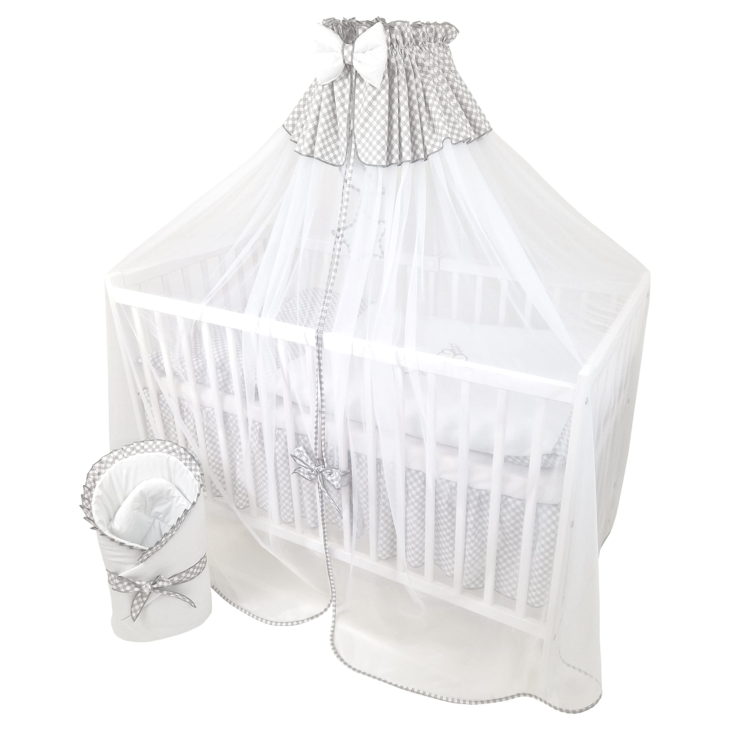 Bello24 - 13 Teiliges Babybett Kinderbett und Bettwäsche komplett Set Timmi inkl. Matratze höhenverstellbar für Neugeborene Babys und Kleinkinder aus Massivholz (Grau - Teddybär Mond)**