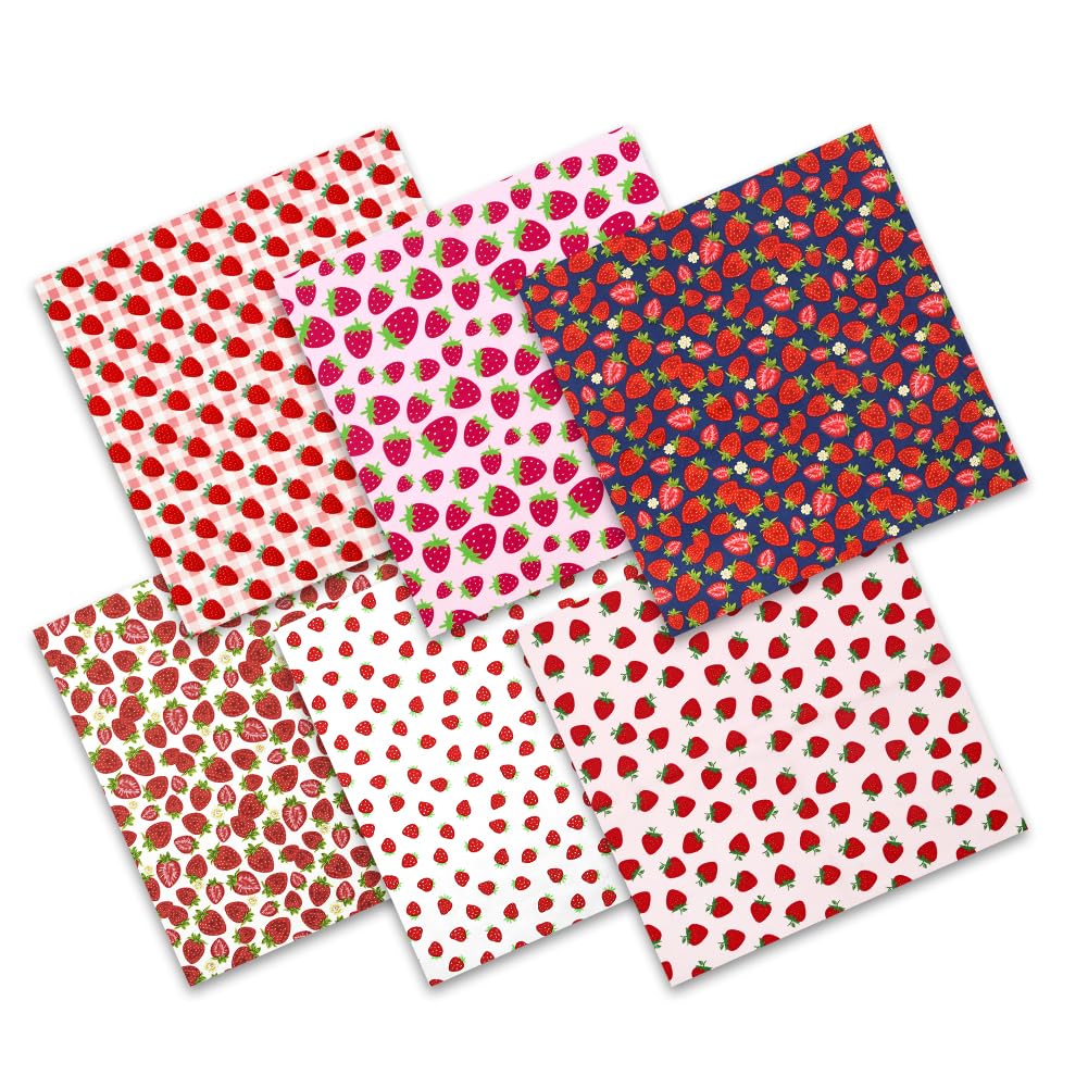 Strawberry Fat Quarters Fabric Bundles, 6 PCS Cute Sweet Red Strawberries Fruity Fabric Bundles, 50x50cm Polyester Quilting Fabric Material Scraps for Sewing Quilting Patchwork Artcraft DIY