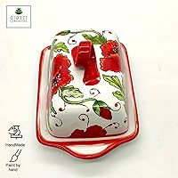 Vista 6 de Mantequillera de cerámica italiana con tapa Diseño de amapolas rojas - Mantequilla pintada a mano de 8 x 5 pies - Hecho en Italia Toscana - Soporte
