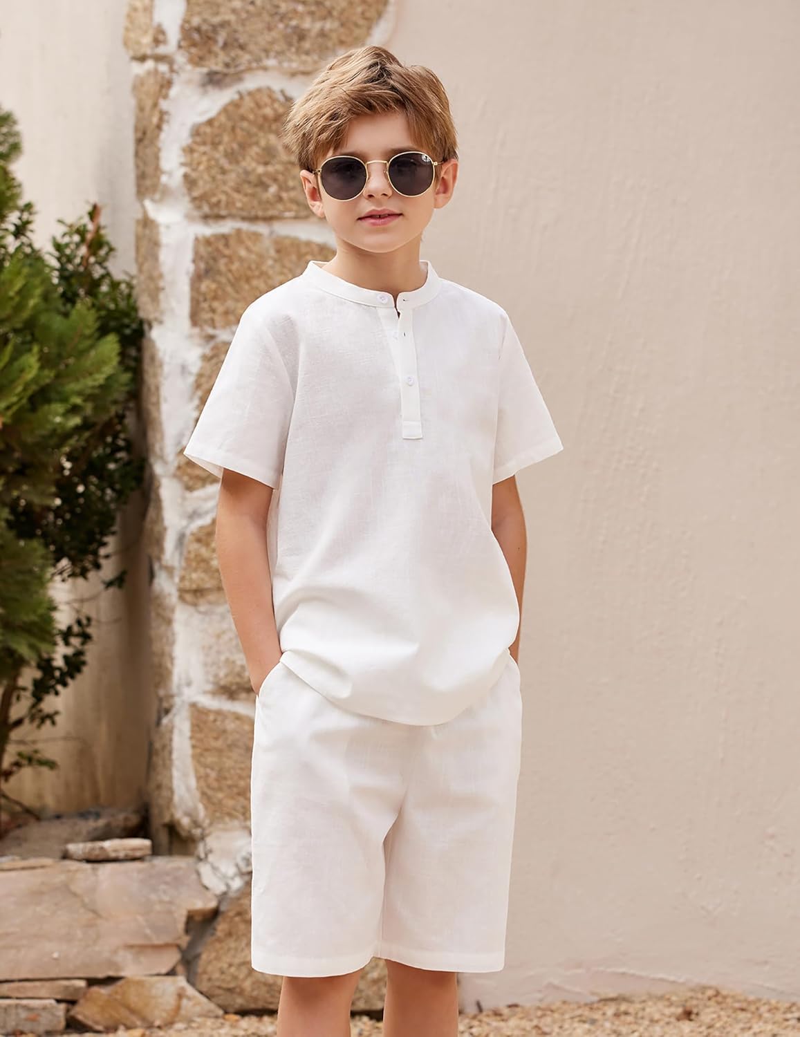 Arshiner Boy's 2 Pieces Cotton Linen Set Casual Henley Shirts Short Sleeve Beach Shorts Summer Outfits for 5-12 Years - Image 2