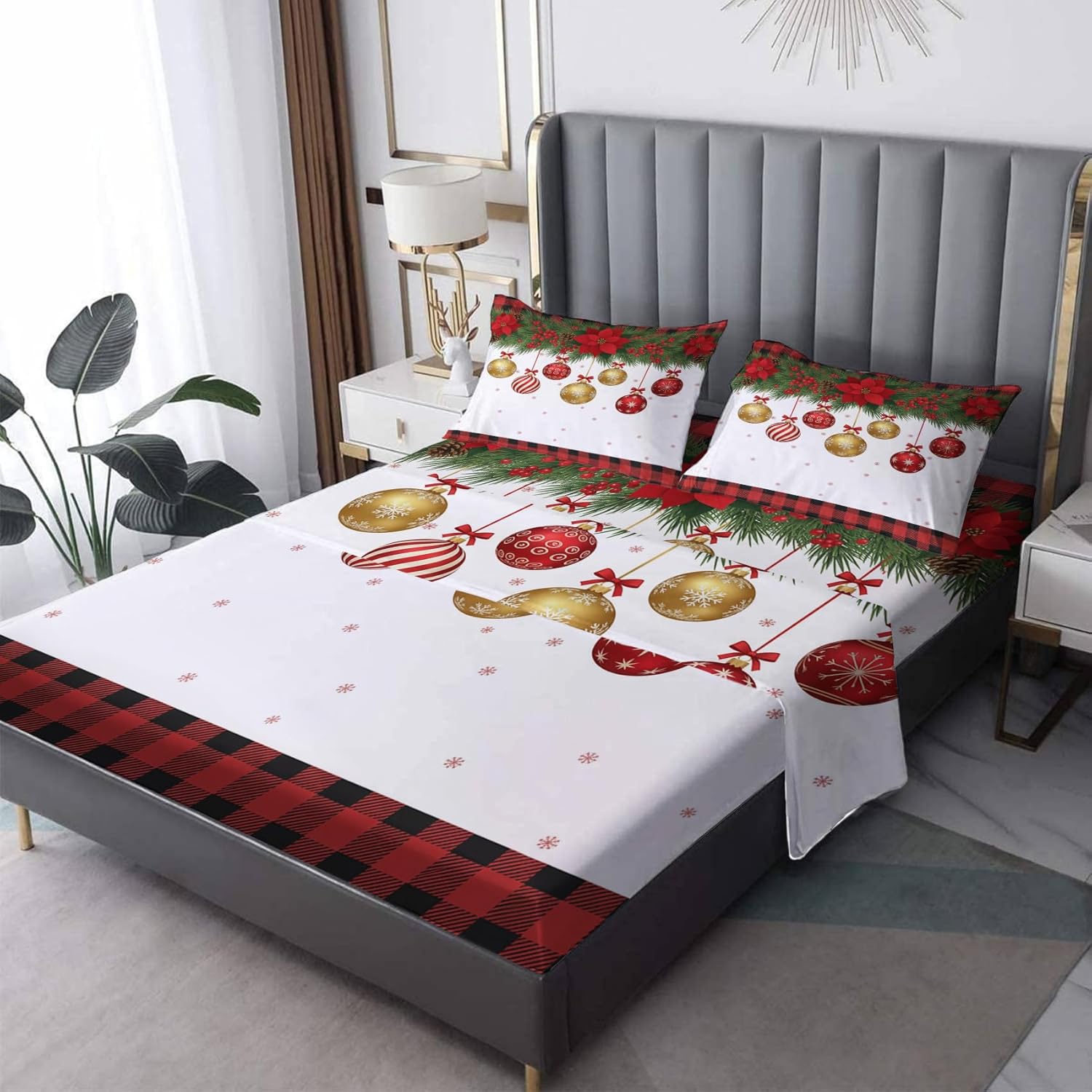 Christmas Ornaments Sheets Queen Sheet Set - Red & Gold Bauble Holiday Bed Sheets, Soft Microfiber & Deep Pocket & Wrinkle Free Sheet & Pillowcase Sets, Festive Poinsettia Bedding Bedroom Decor