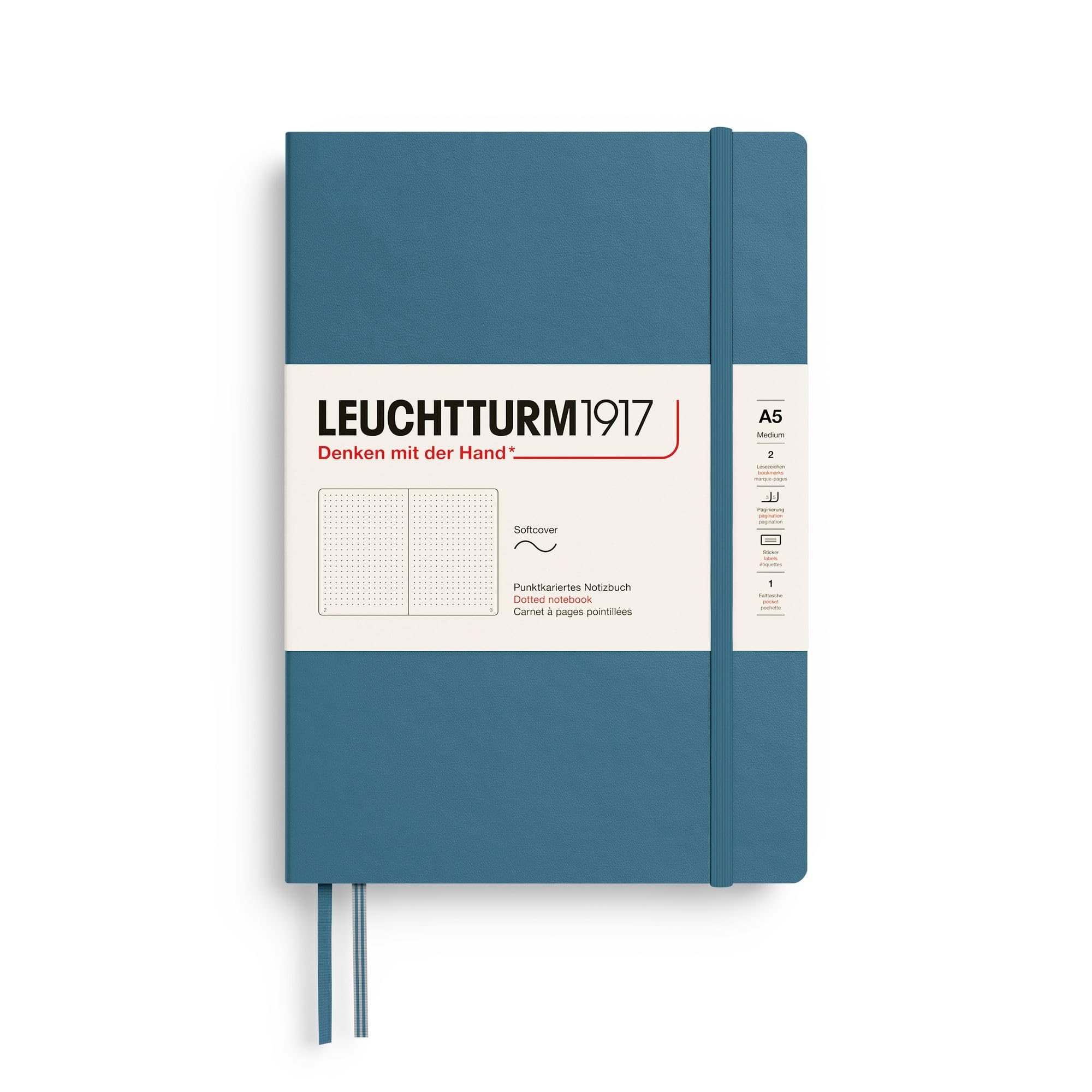 LEUCHTTURM1917 - Notebook Softcover Medium A5-123 Numbered Pages for Writing and Journaling (Stone Blue, Dotted)