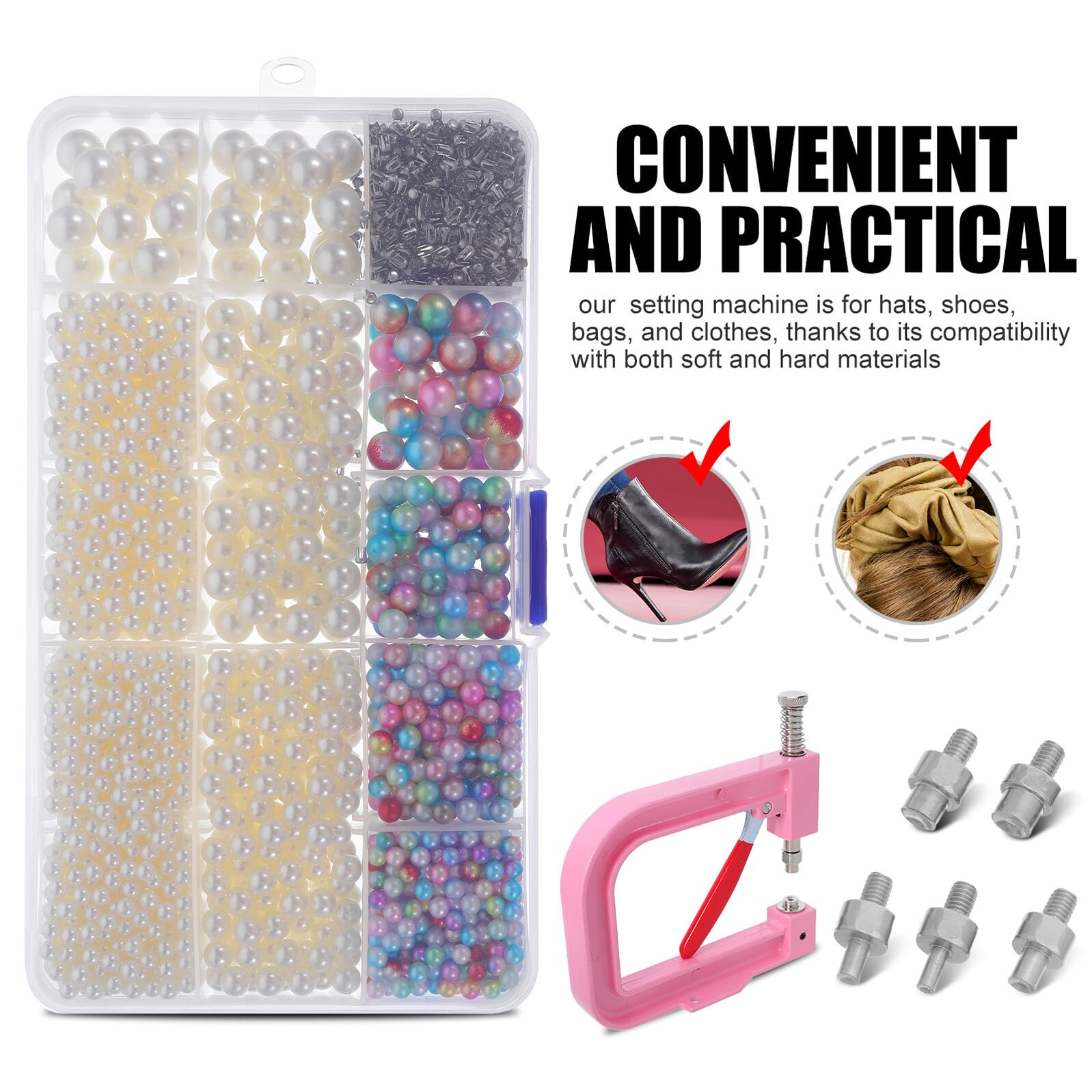 DECORNIJIA Juego Prensa Manual para Engarzar Cuentas Máquina de Fijación Kit Perlas Beige y Prensa Rosa Herramienta para Bordar Ropa Zapatos y Bolsos Kit DIY Remaches Redondos