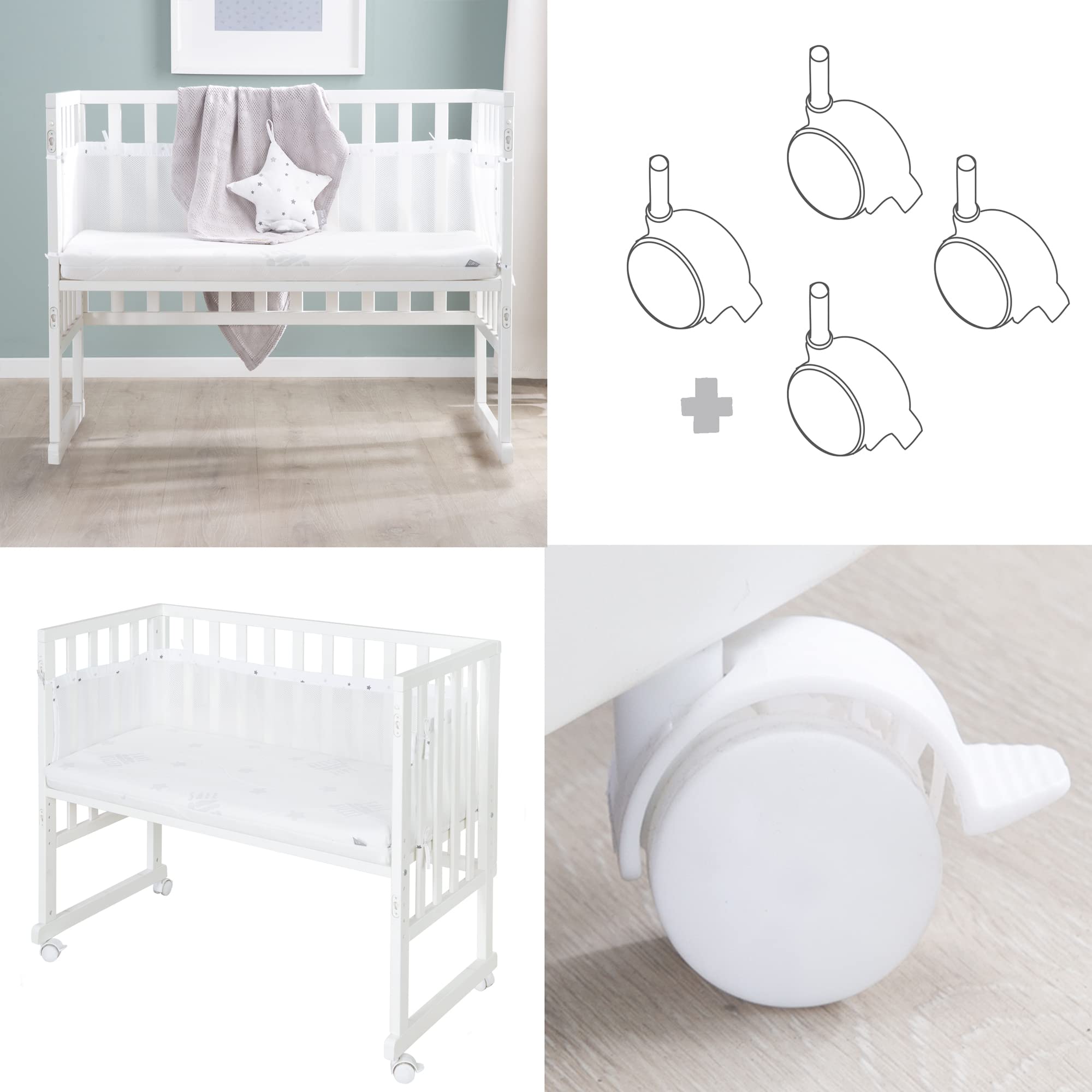 roba Lit Cododo 45 x 90 cm safe asleep® 3 en 1 - Hauteur Réglable - Berceau + Matelas + Barrière en Toile + Bordure en Maille + 4 Roulettes à Freins - Ensemble de Lit Bébé - Bois Blanc