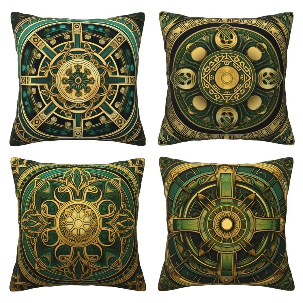 Kissenbezug 50x50 4er Set Leinen Kissenbezüge Goldgrün Dekorative Sofakissen Zierkissen Geometrisch Couchkissen Outdoor Kissen Zierkissenbezüge Deko Kissen für Sofa Schlafzimmer Wohnzimmer -LI12
